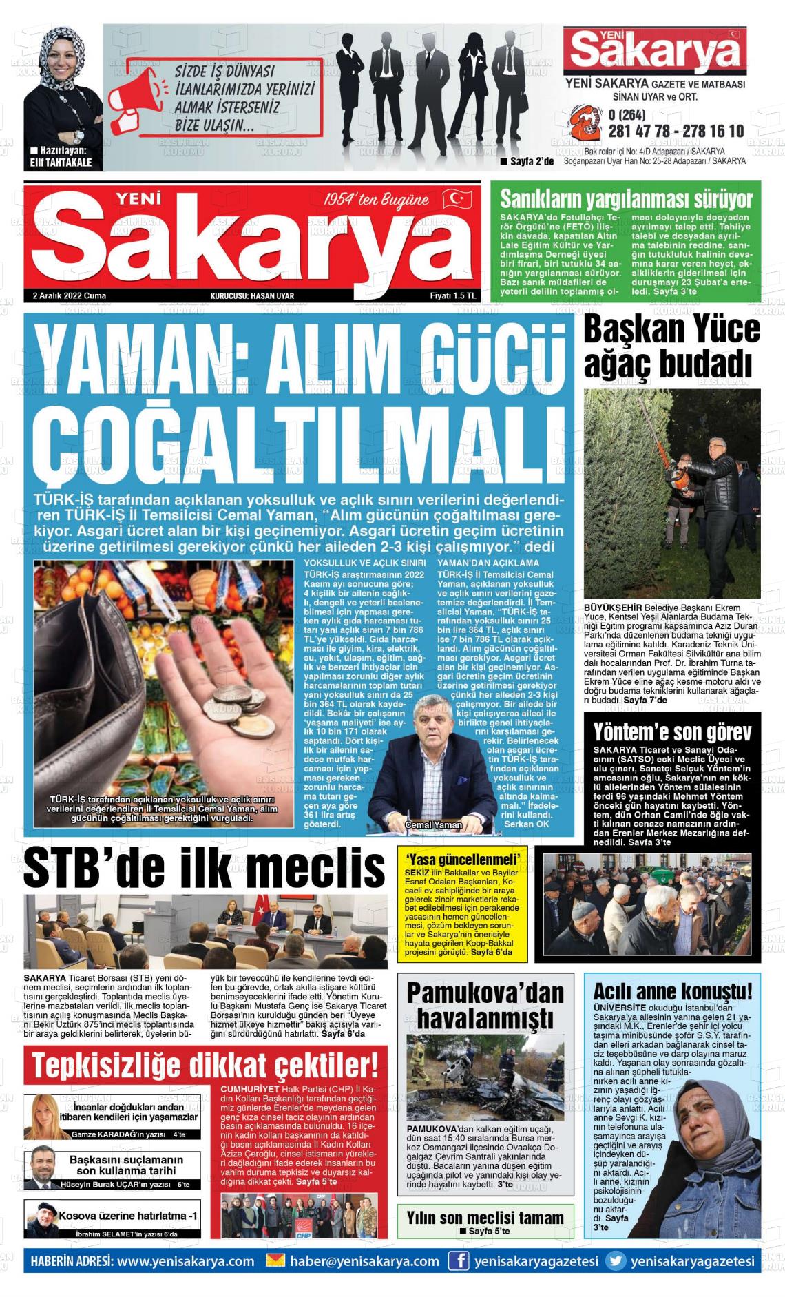 02 Aralık 2022 Yeni Sakarya Gazete Manşeti
