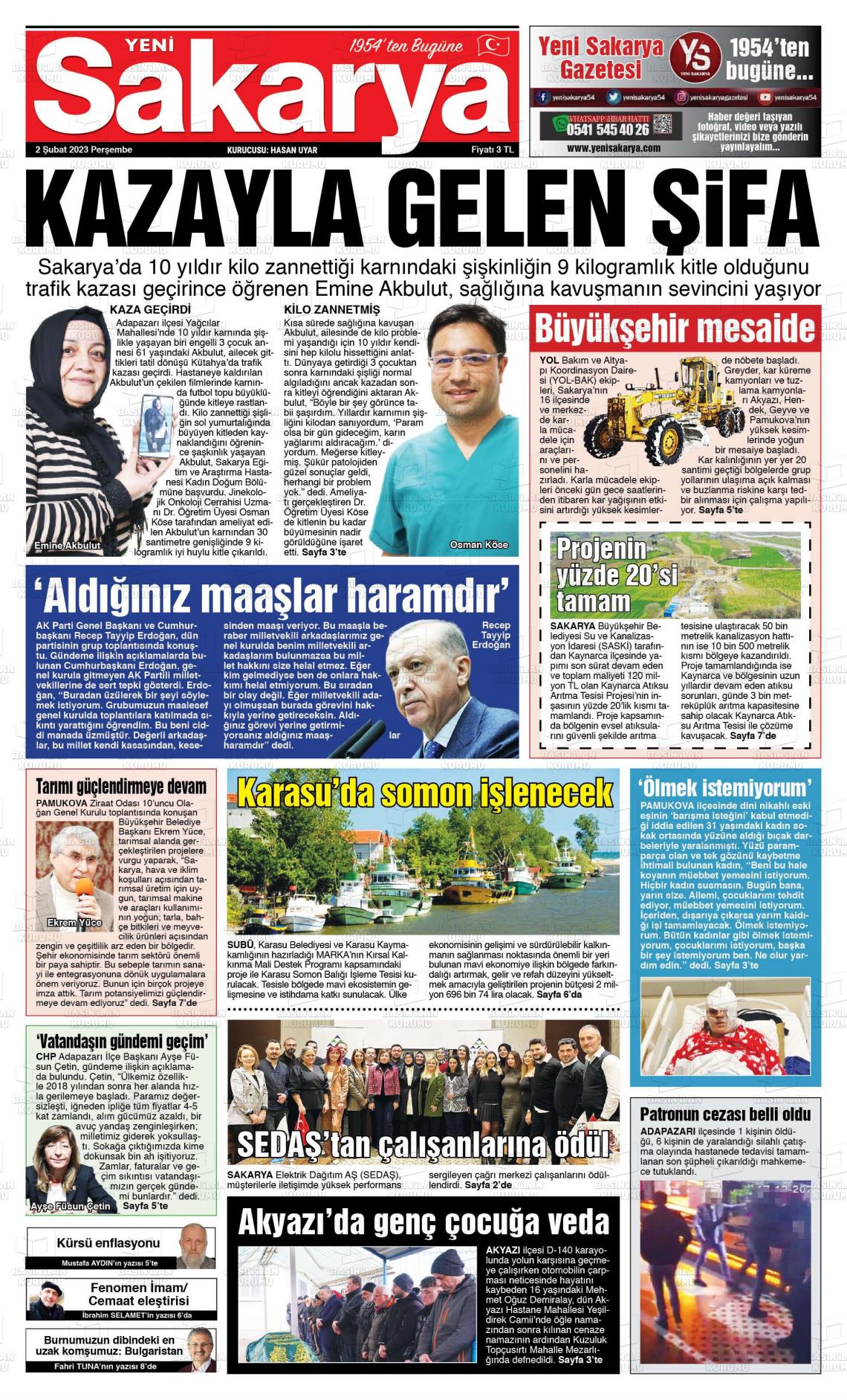 02 Şubat 2023 Yeni Sakarya Gazete Manşeti
