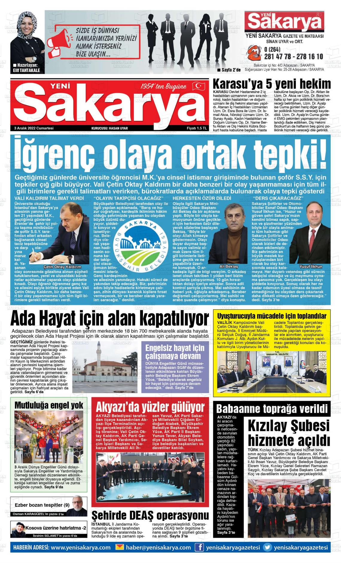 03 Aralık 2022 Yeni Sakarya Gazete Manşeti