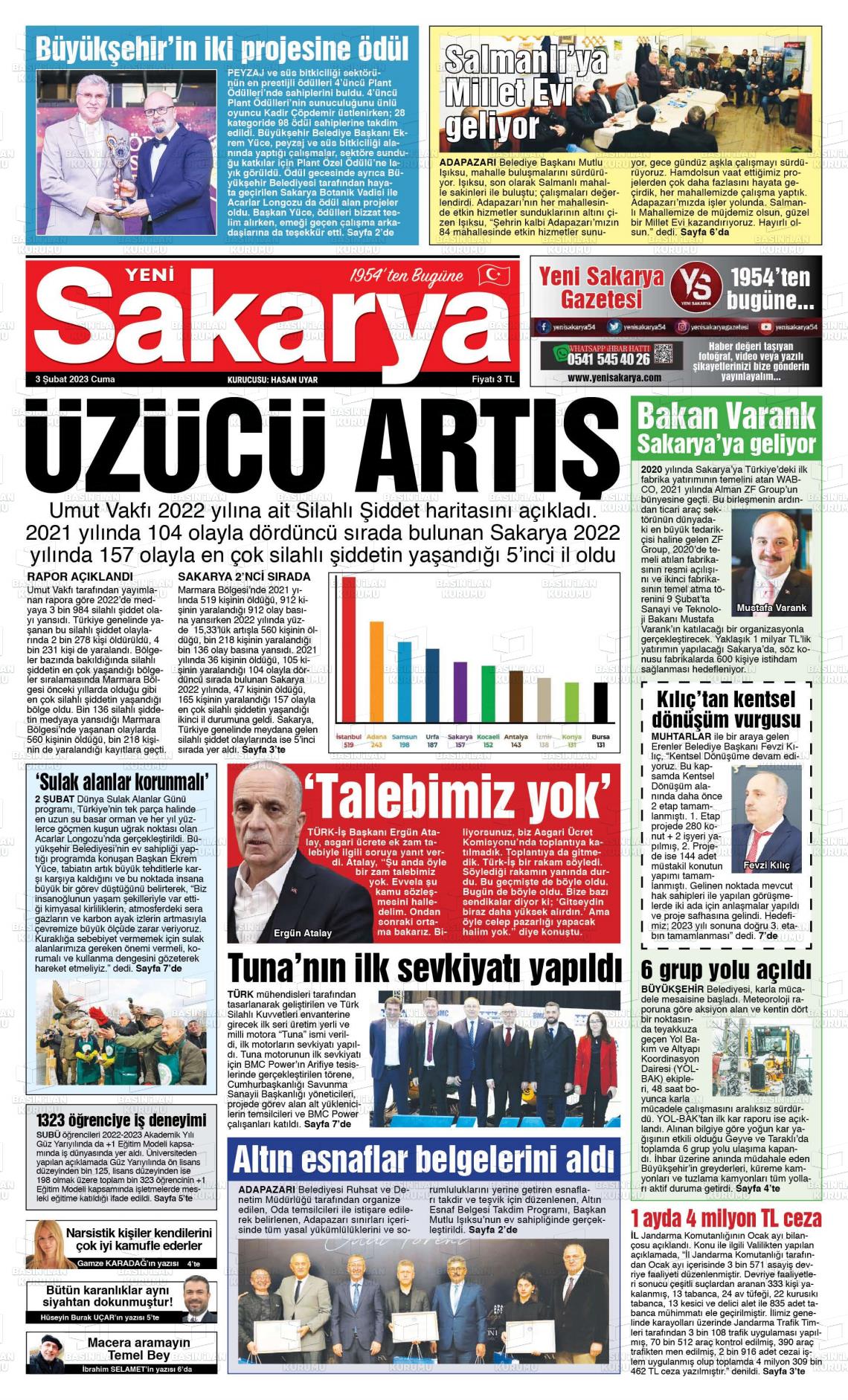 03 Şubat 2023 Yeni Sakarya Gazete Manşeti