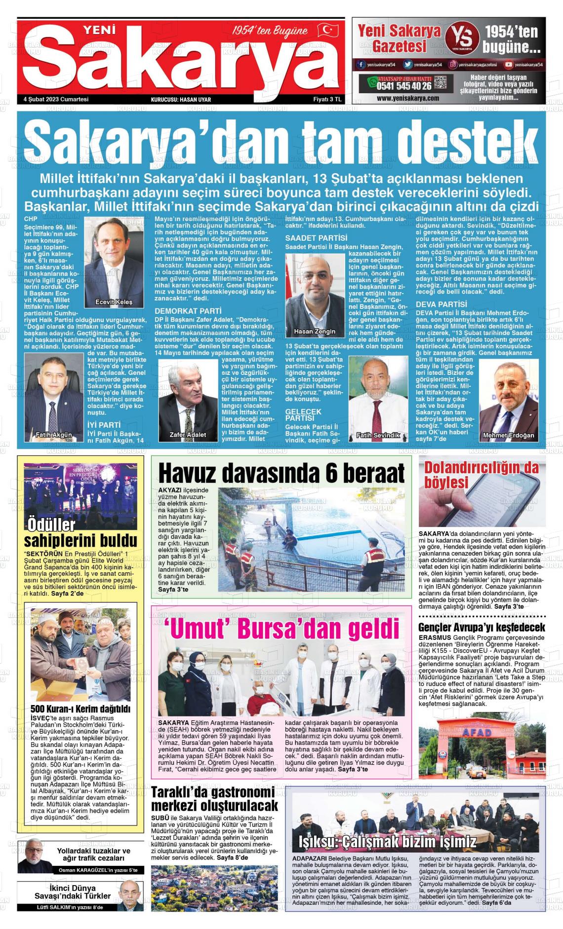 04 Şubat 2023 Yeni Sakarya Gazete Manşeti
