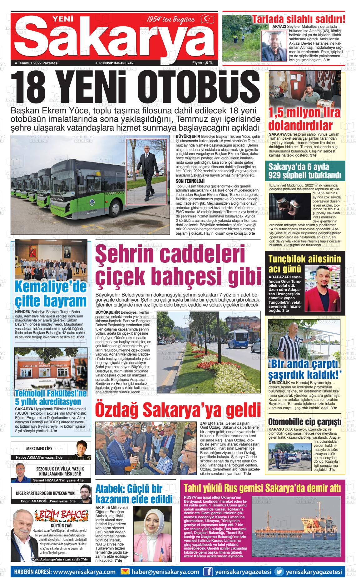 04 Temmuz 2022 Yeni Sakarya Gazete Manşeti
