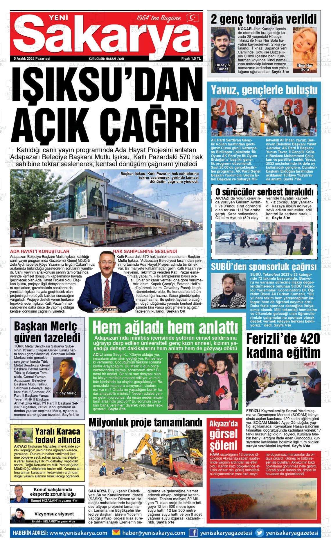 05 Aralık 2022 Yeni Sakarya Gazete Manşeti