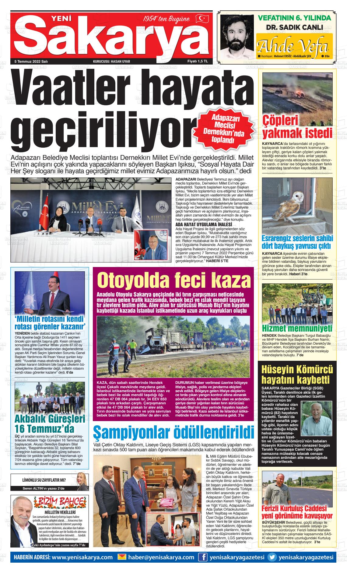 05 Temmuz 2022 Yeni Sakarya Gazete Manşeti