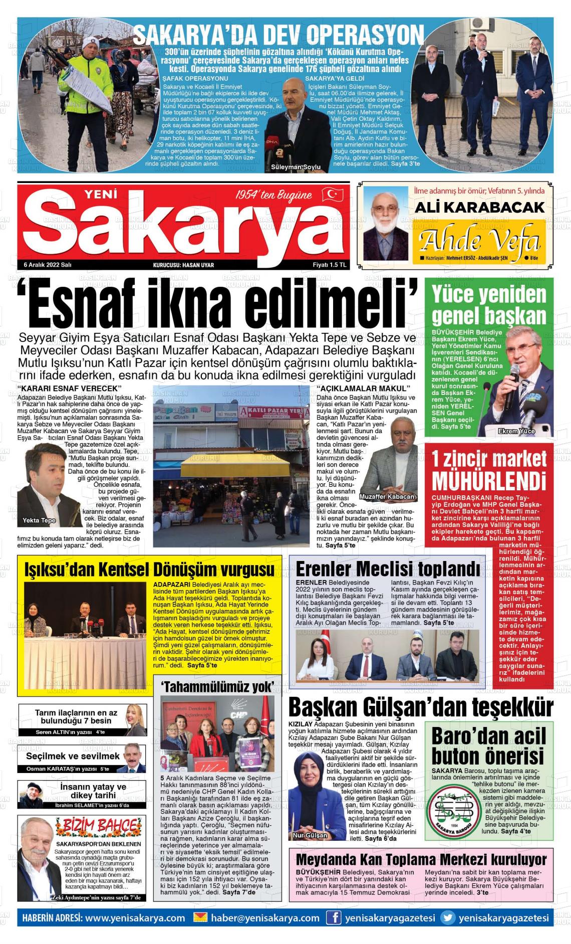 06 Aralık 2022 Yeni Sakarya Gazete Manşeti