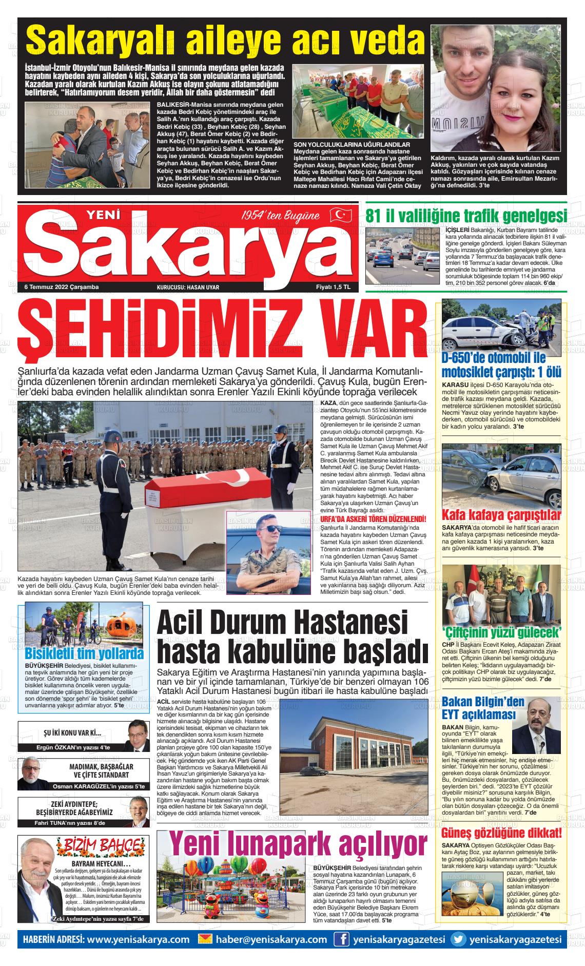 06 Temmuz 2022 Yeni Sakarya Gazete Manşeti
