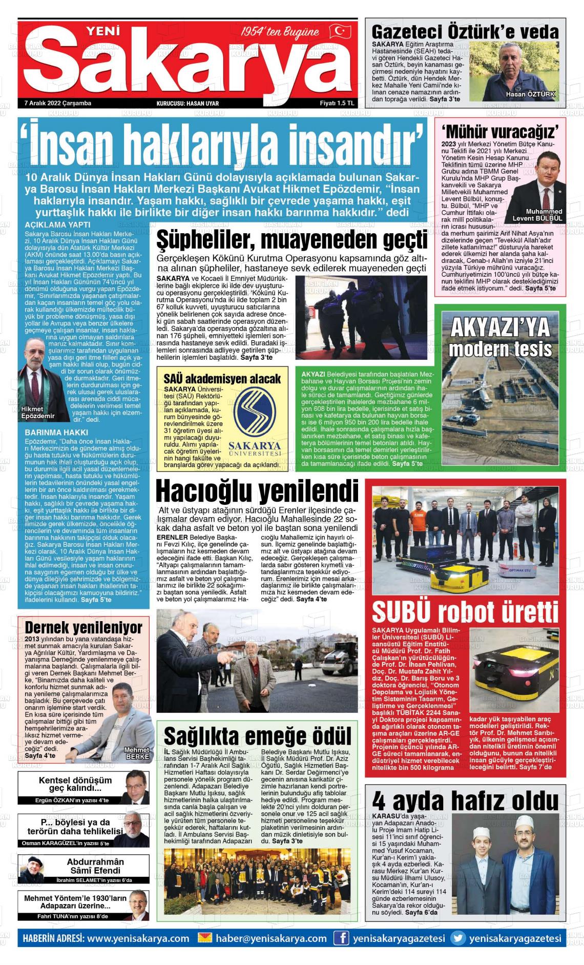 07 Aralık 2022 Yeni Sakarya Gazete Manşeti