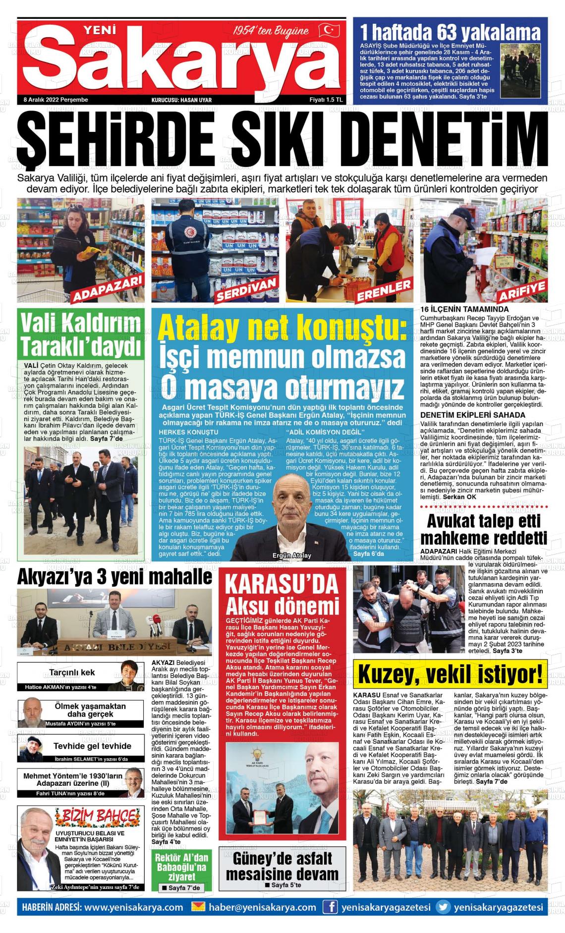 08 Aralık 2022 Yeni Sakarya Gazete Manşeti