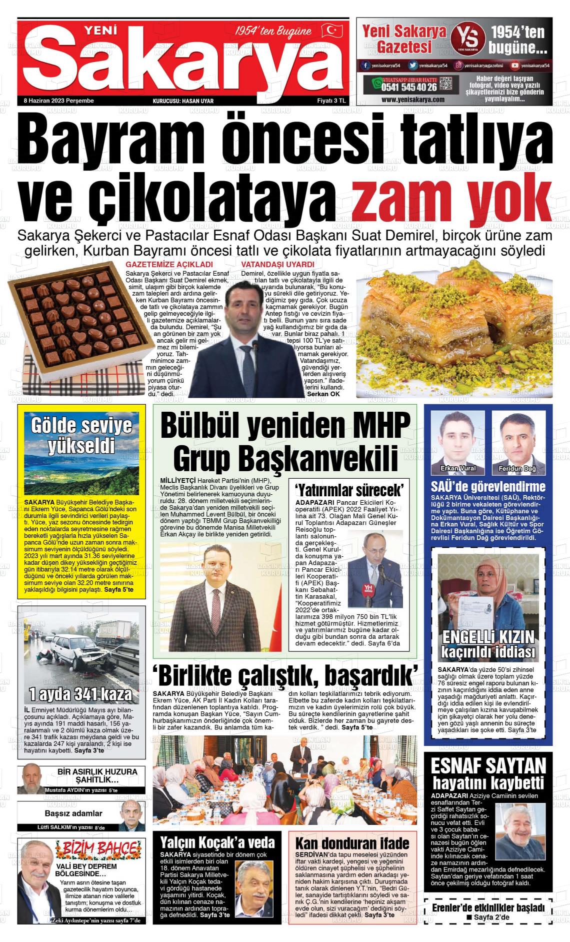 08 Haziran 2023 Yeni Sakarya Gazete Manşeti