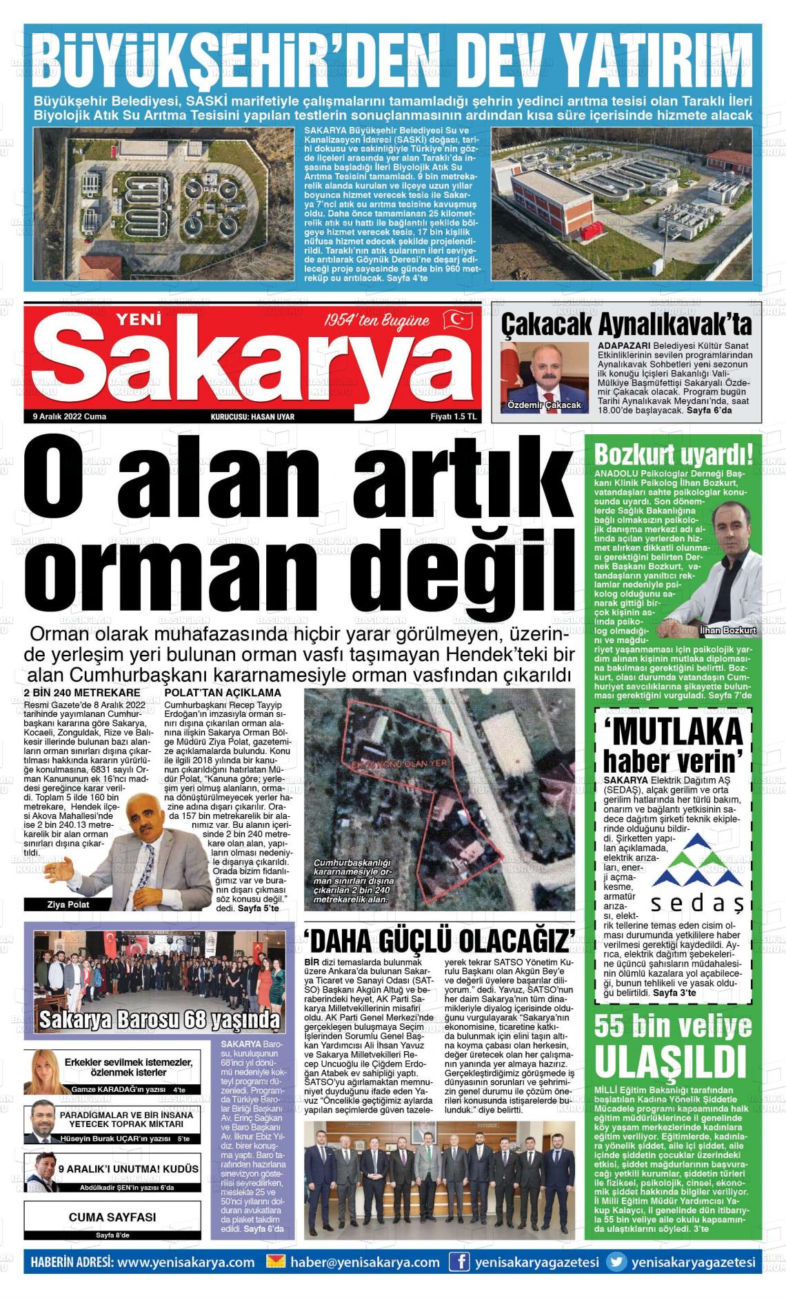 09 Aralık 2022 Yeni Sakarya Gazete Manşeti