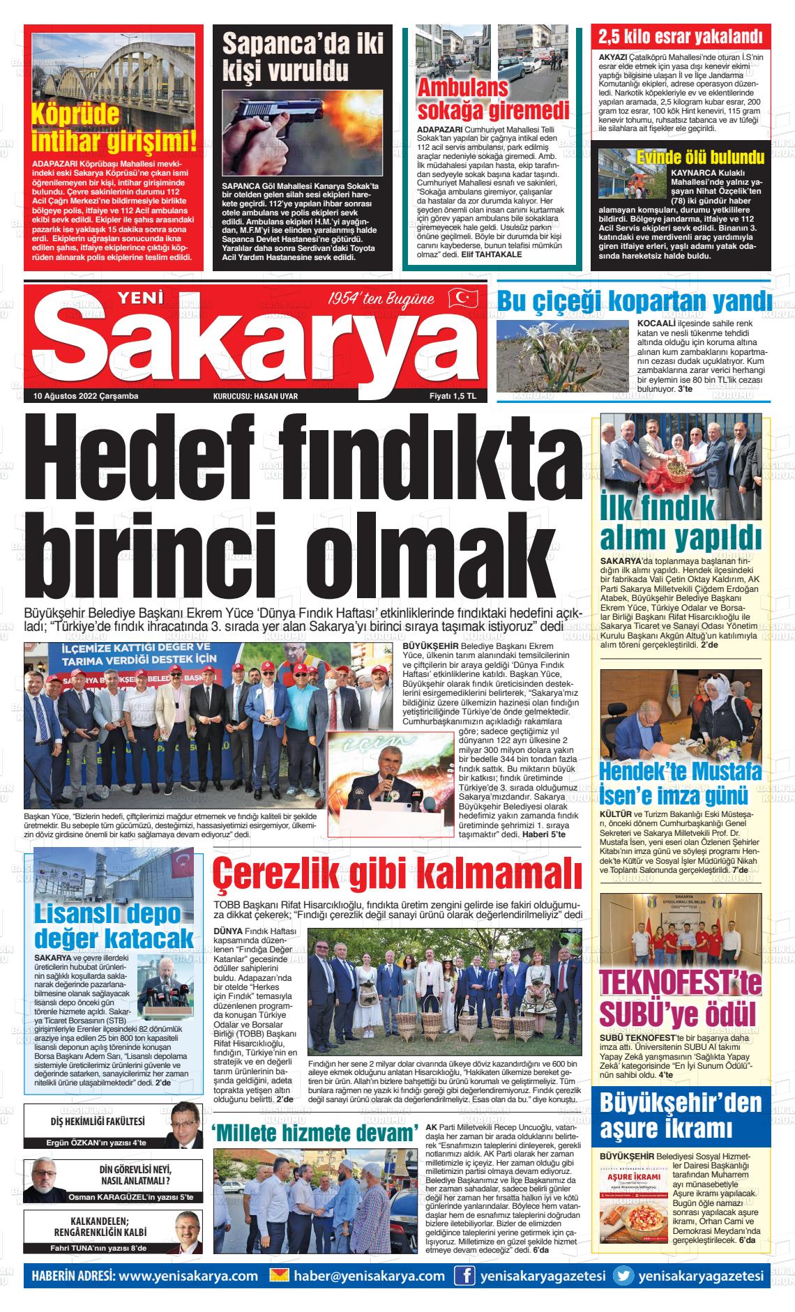 10 Ağustos 2022 Yeni Sakarya Gazete Manşeti