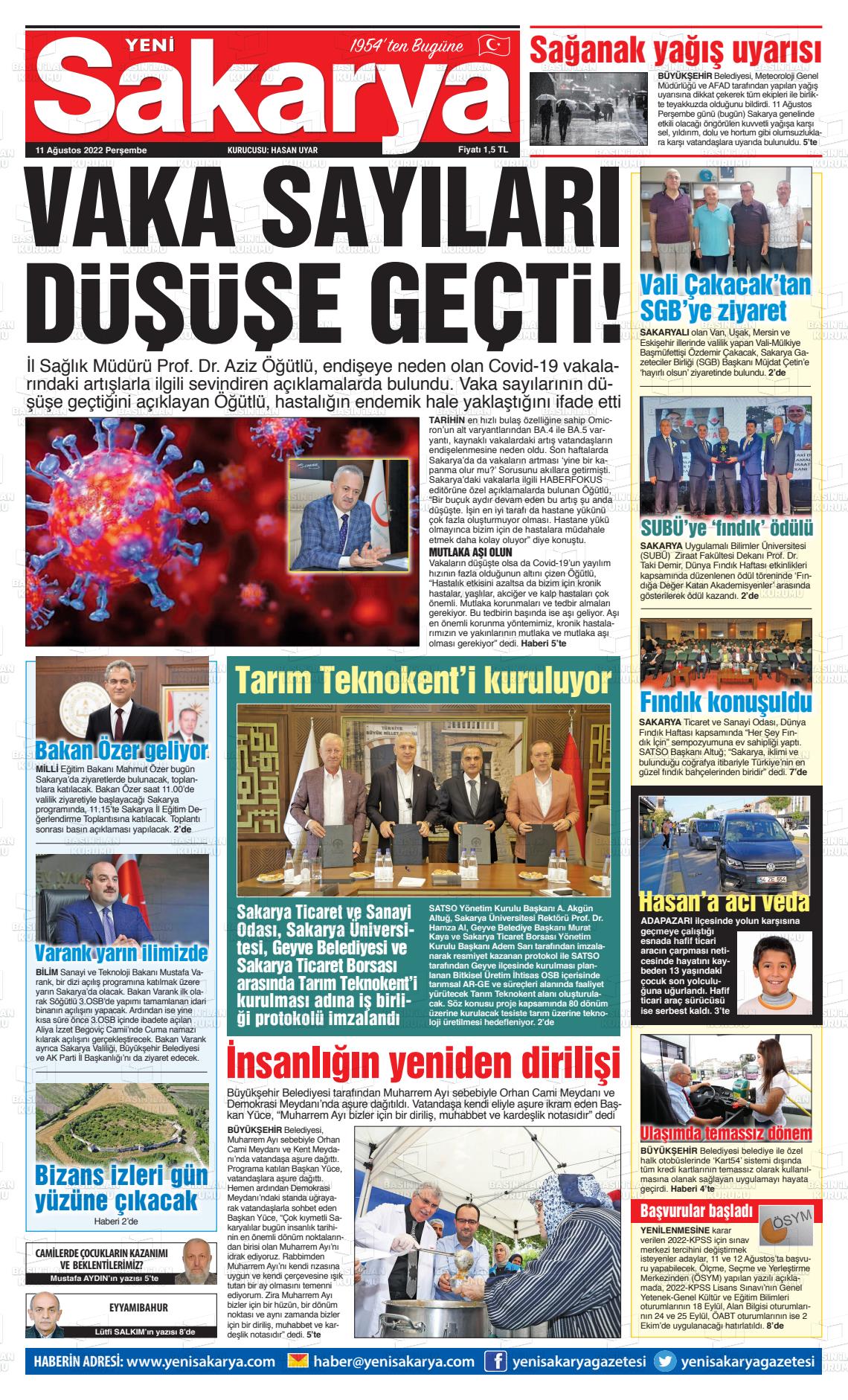 11 Ağustos 2022 Yeni Sakarya Gazete Manşeti