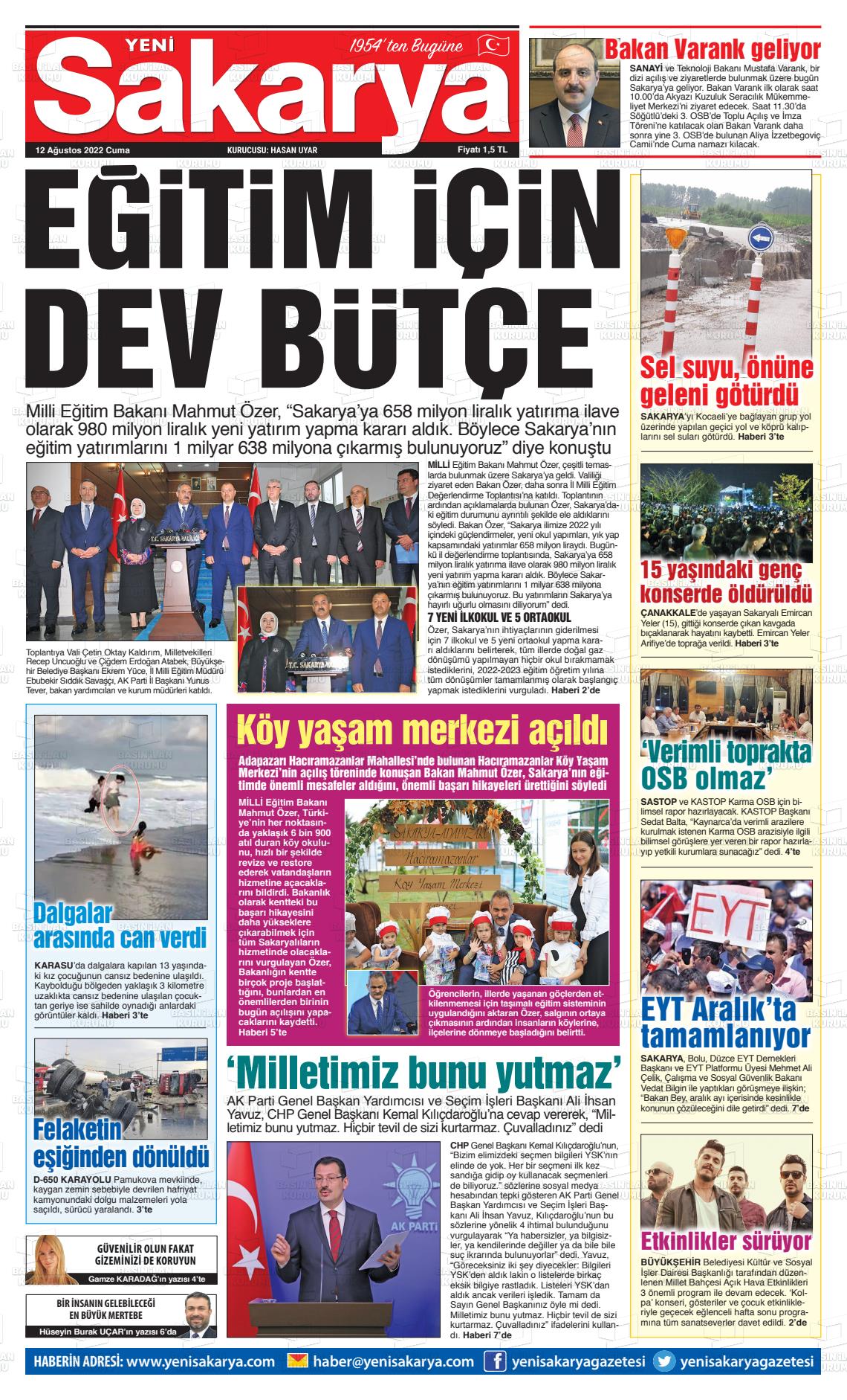 12 Ağustos 2022 Yeni Sakarya Gazete Manşeti