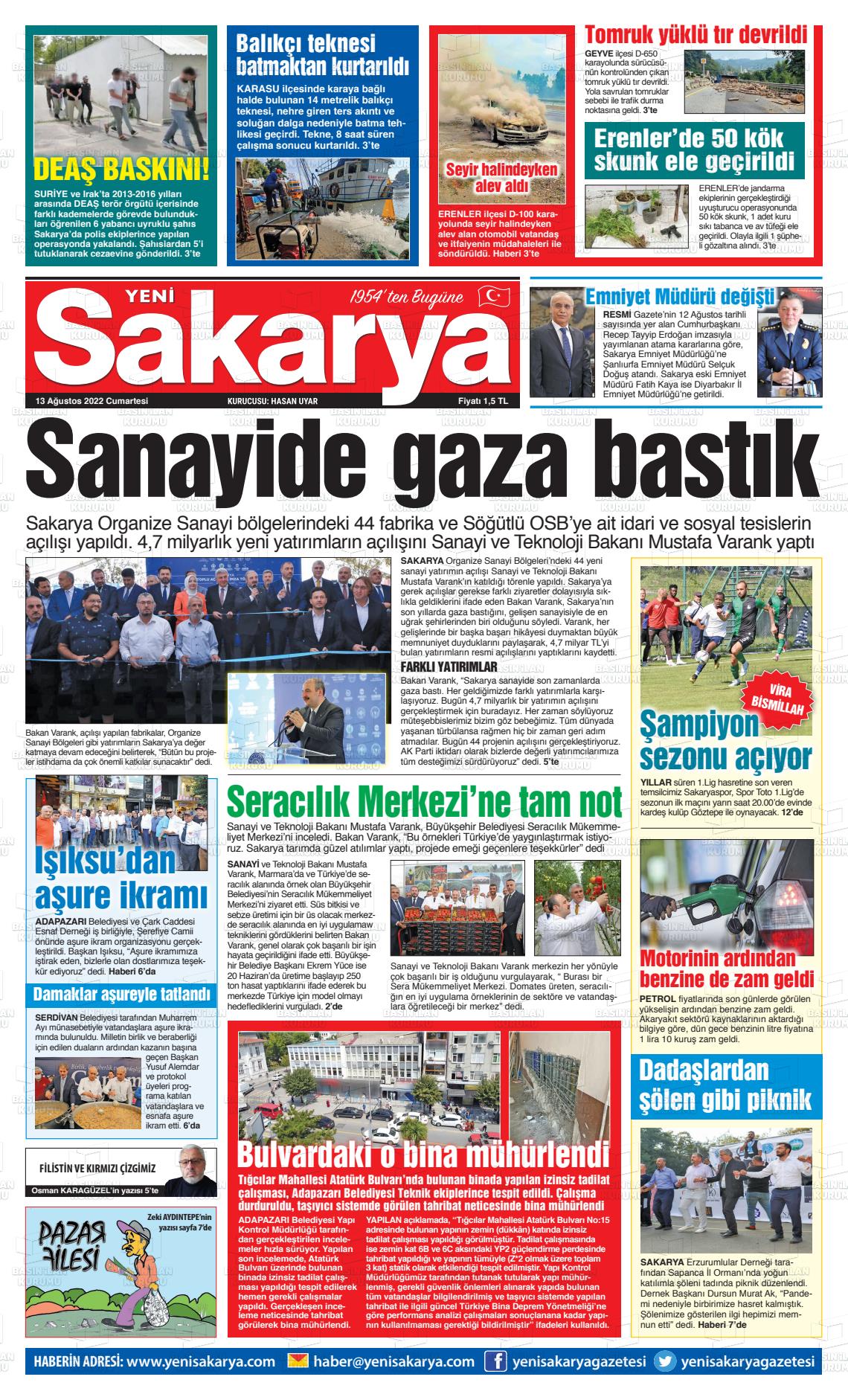 13 Ağustos 2022 Yeni Sakarya Gazete Manşeti