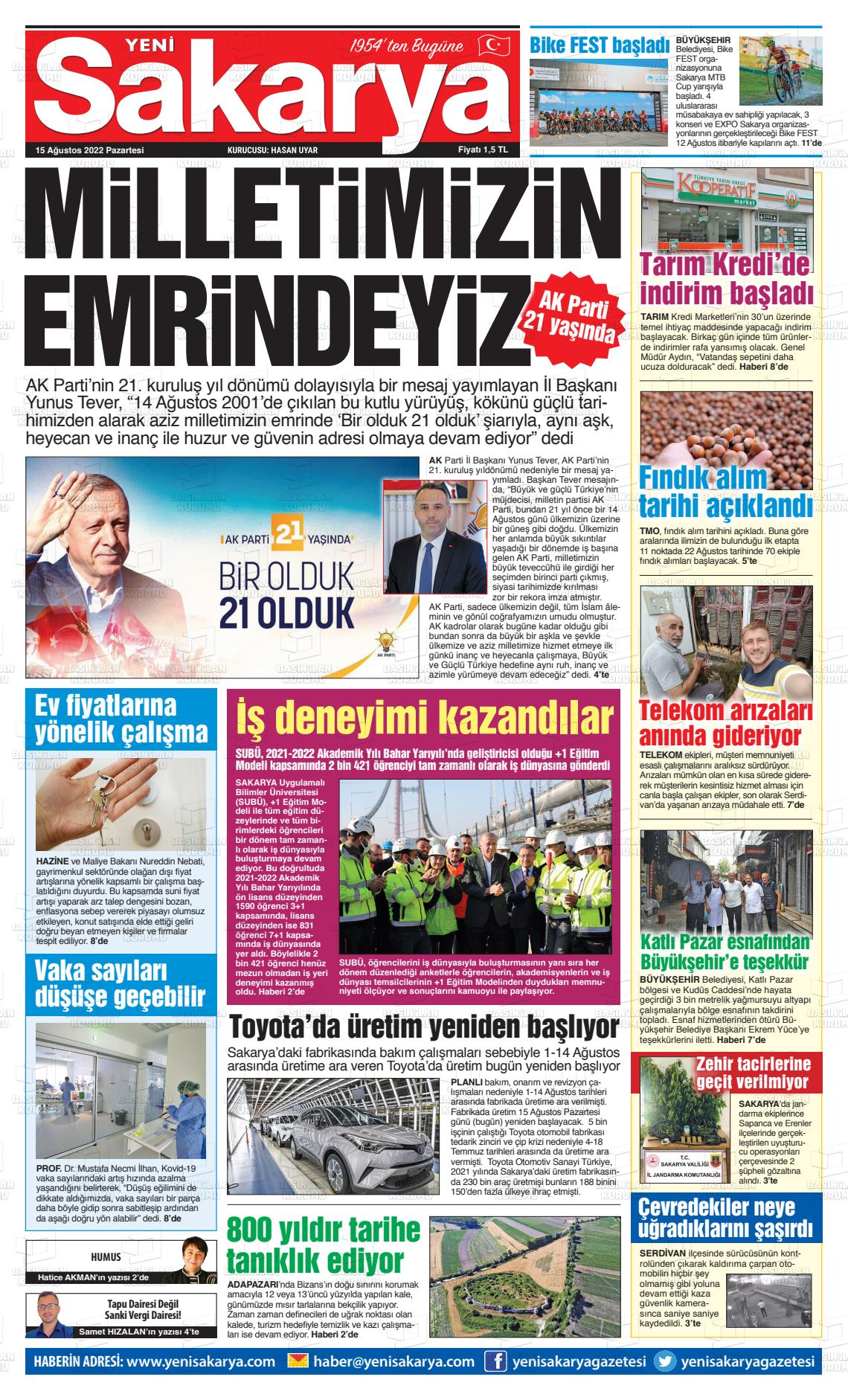 Yeni Sakarya Gazete Manşeti
