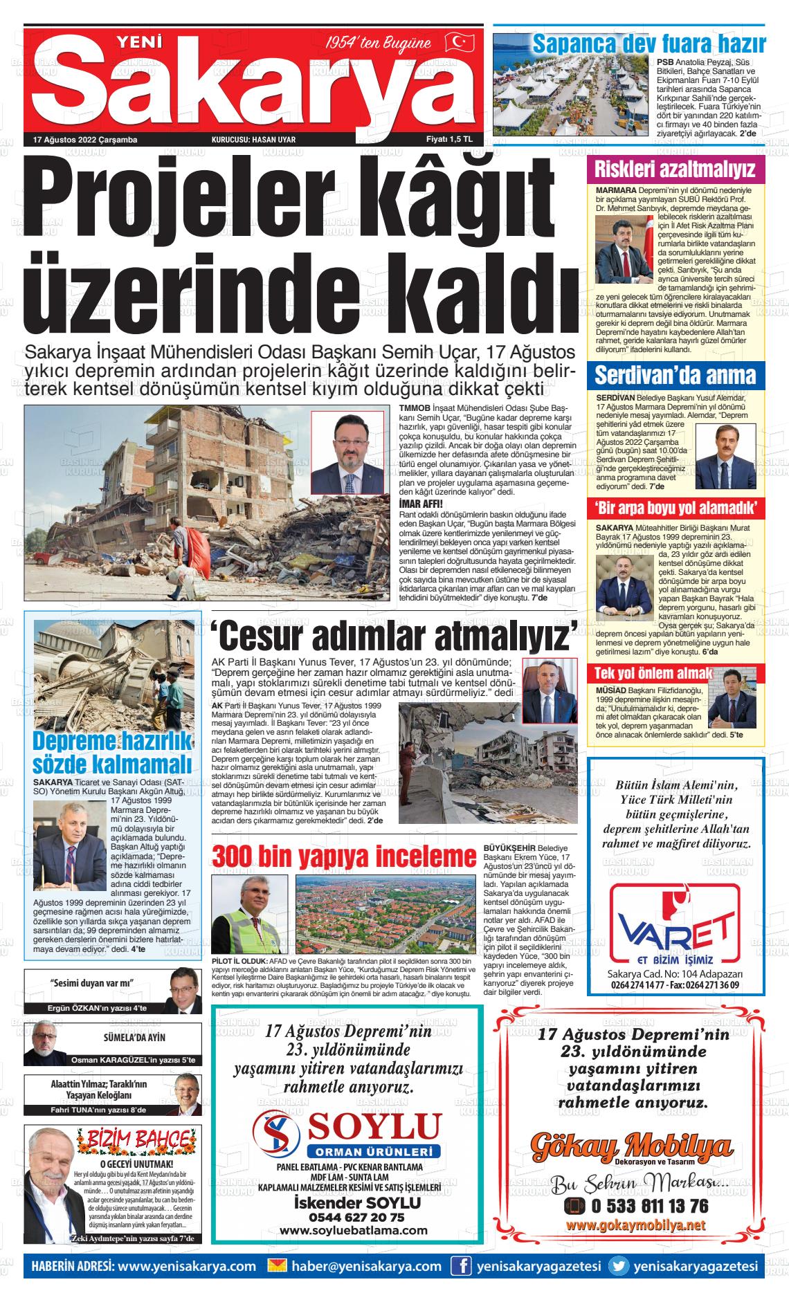 17 Ağustos 2022 Yeni Sakarya Gazete Manşeti