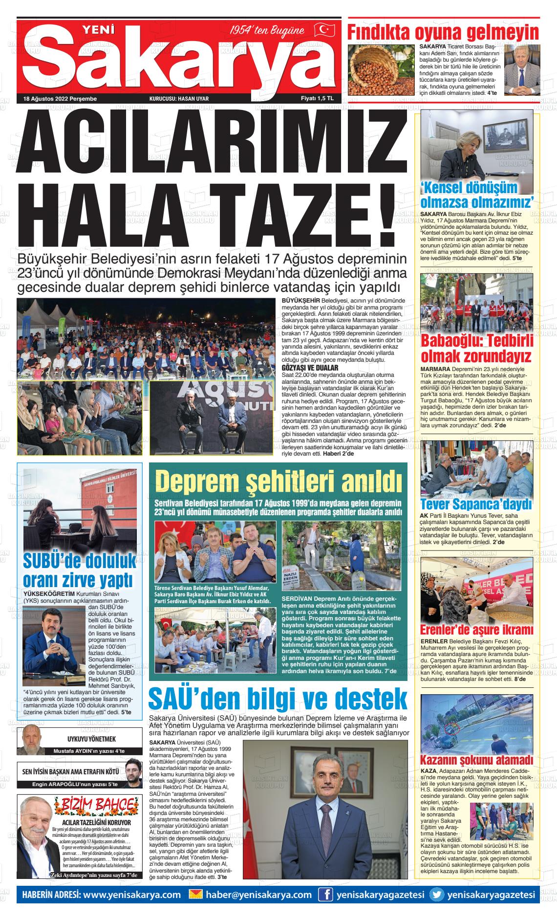 18 Ağustos 2022 Yeni Sakarya Gazete Manşeti