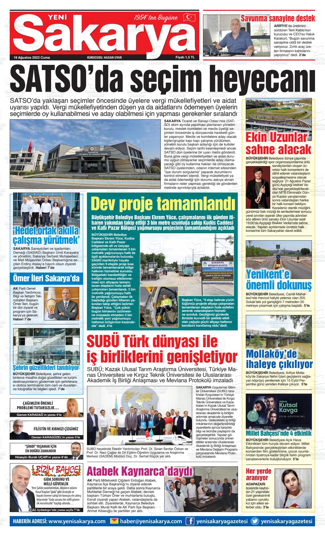 19 Ağustos 2022 Yeni Sakarya Gazete Manşeti