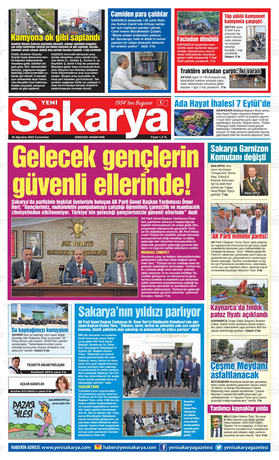 20 Ağustos 2022 Yeni Sakarya Gazete Manşeti