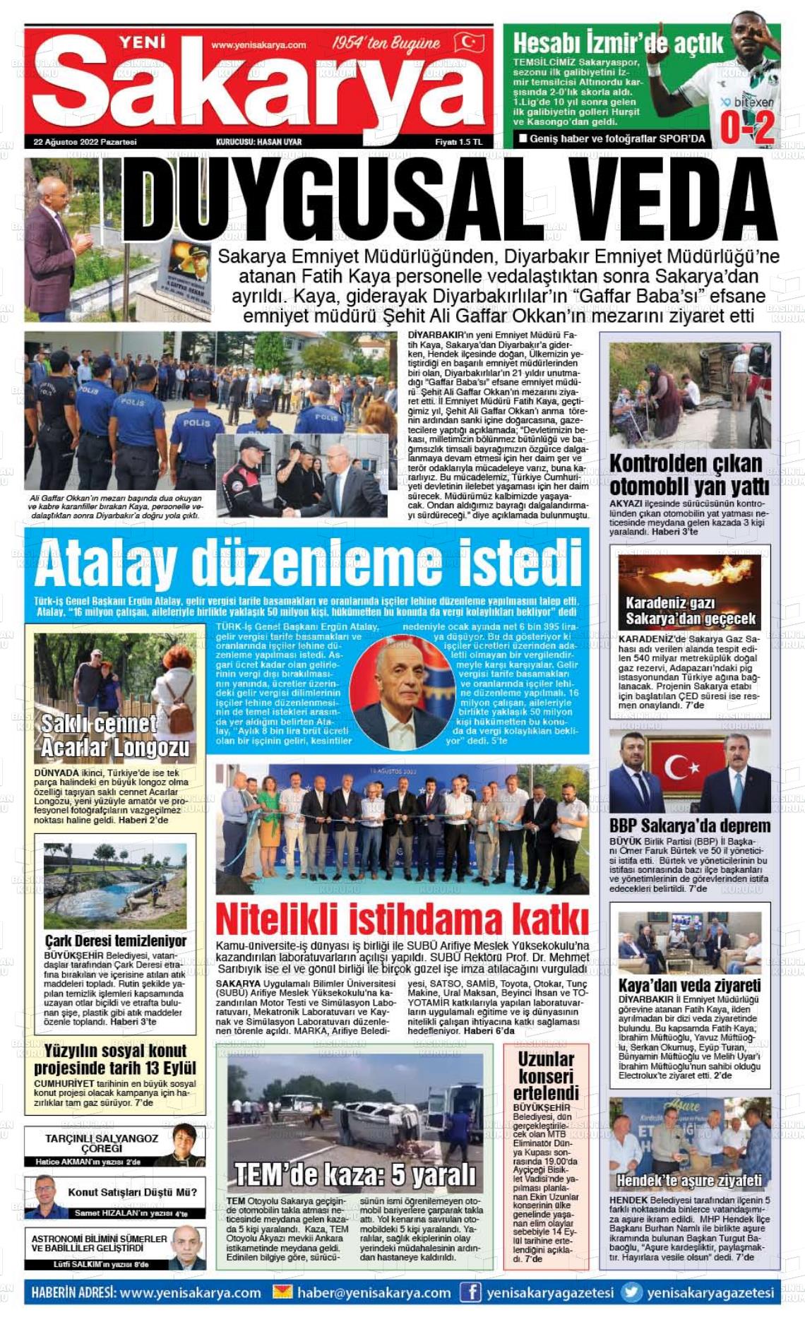 22 Ağustos 2022 Yeni Sakarya Gazete Manşeti