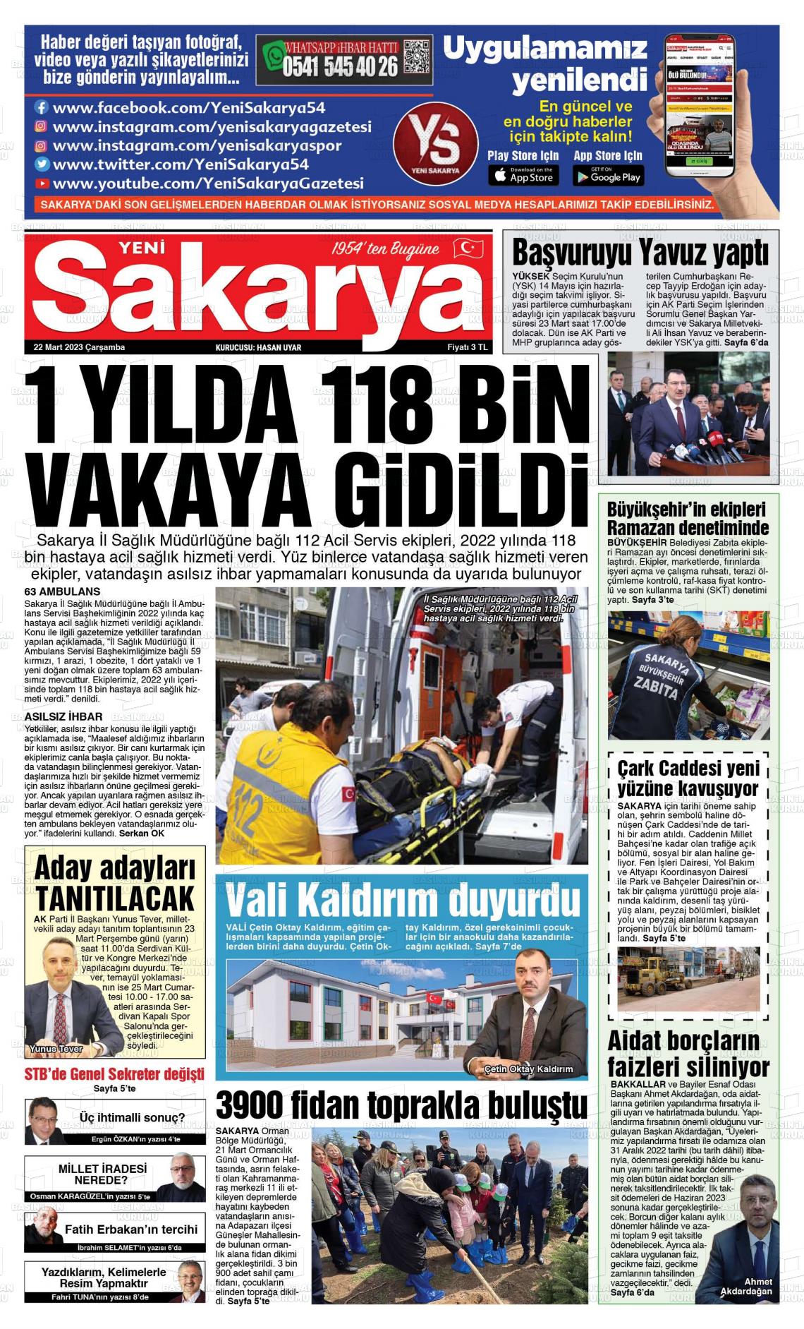 22 Mart 2023 Yeni Sakarya Gazete Manşeti