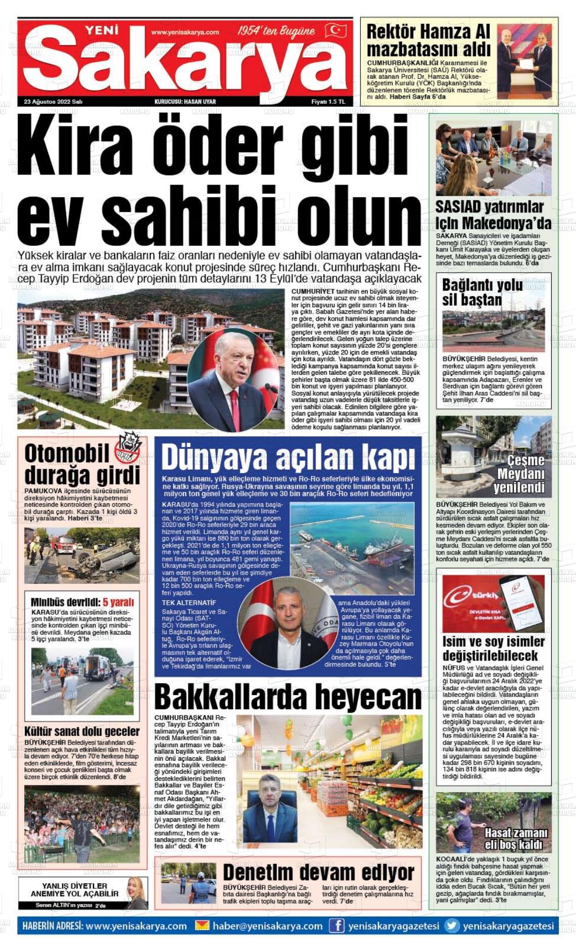 23 Ağustos 2022 Yeni Sakarya Gazete Manşeti
