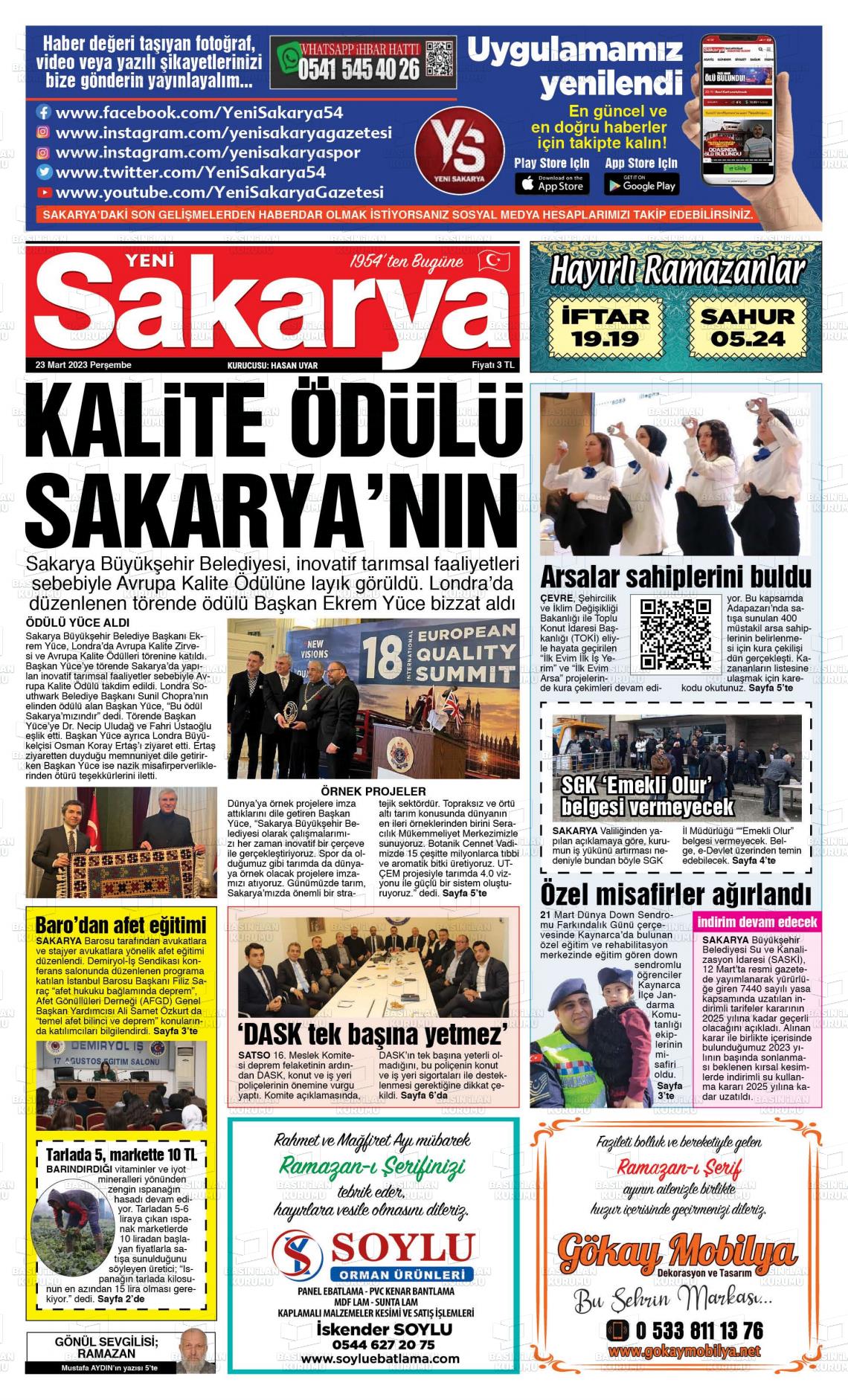 23 Mart 2023 Yeni Sakarya Gazete Manşeti