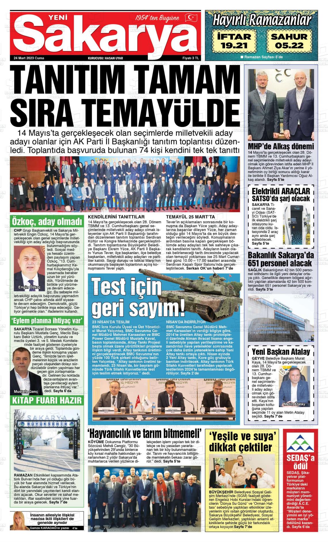 24 Mart 2023 Yeni Sakarya Gazete Manşeti