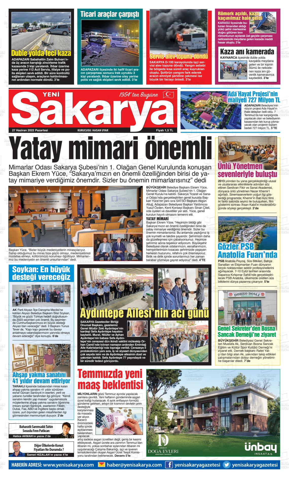 27 Haziran 2022 Yeni Sakarya Gazete Manşeti
