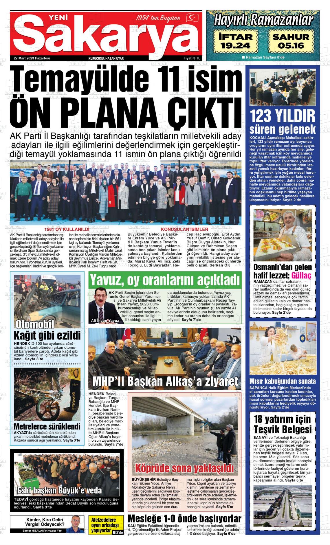 27 Mart 2023 Yeni Sakarya Gazete Manşeti