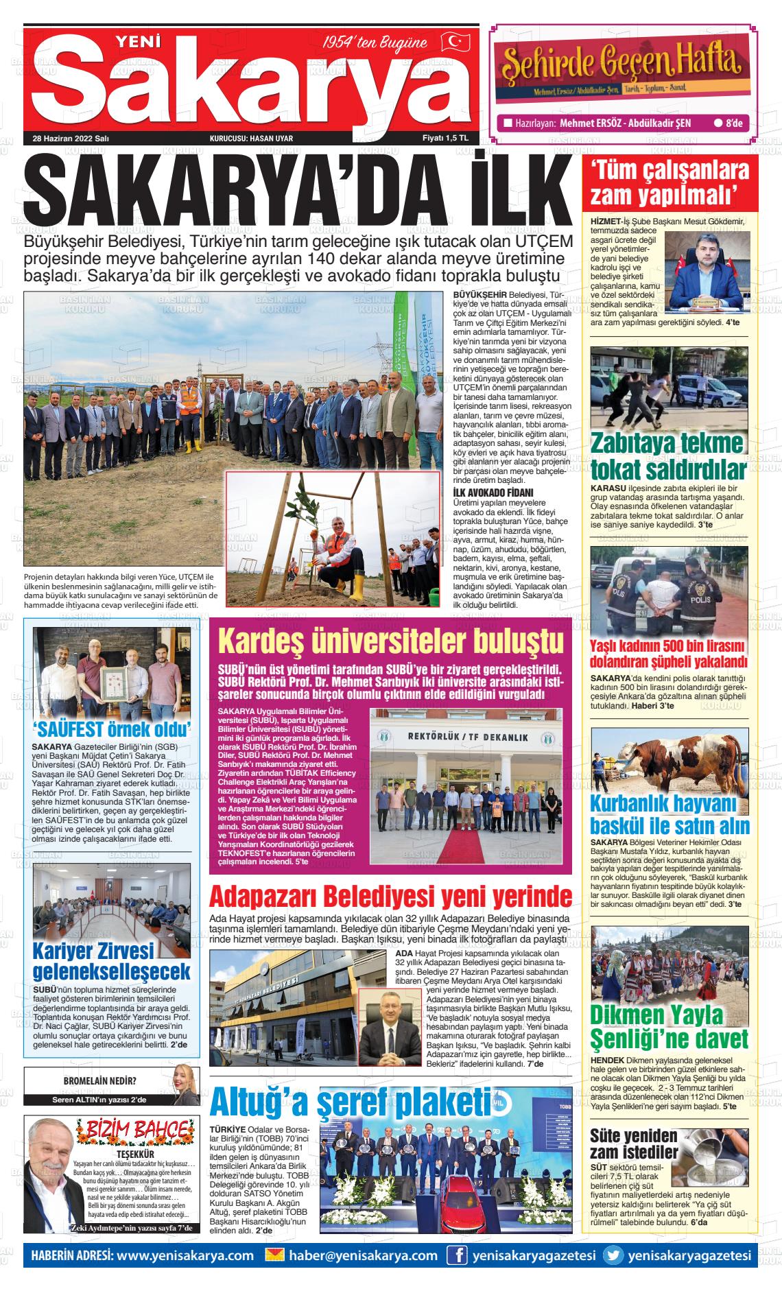 28 Haziran 2022 Yeni Sakarya Gazete Manşeti