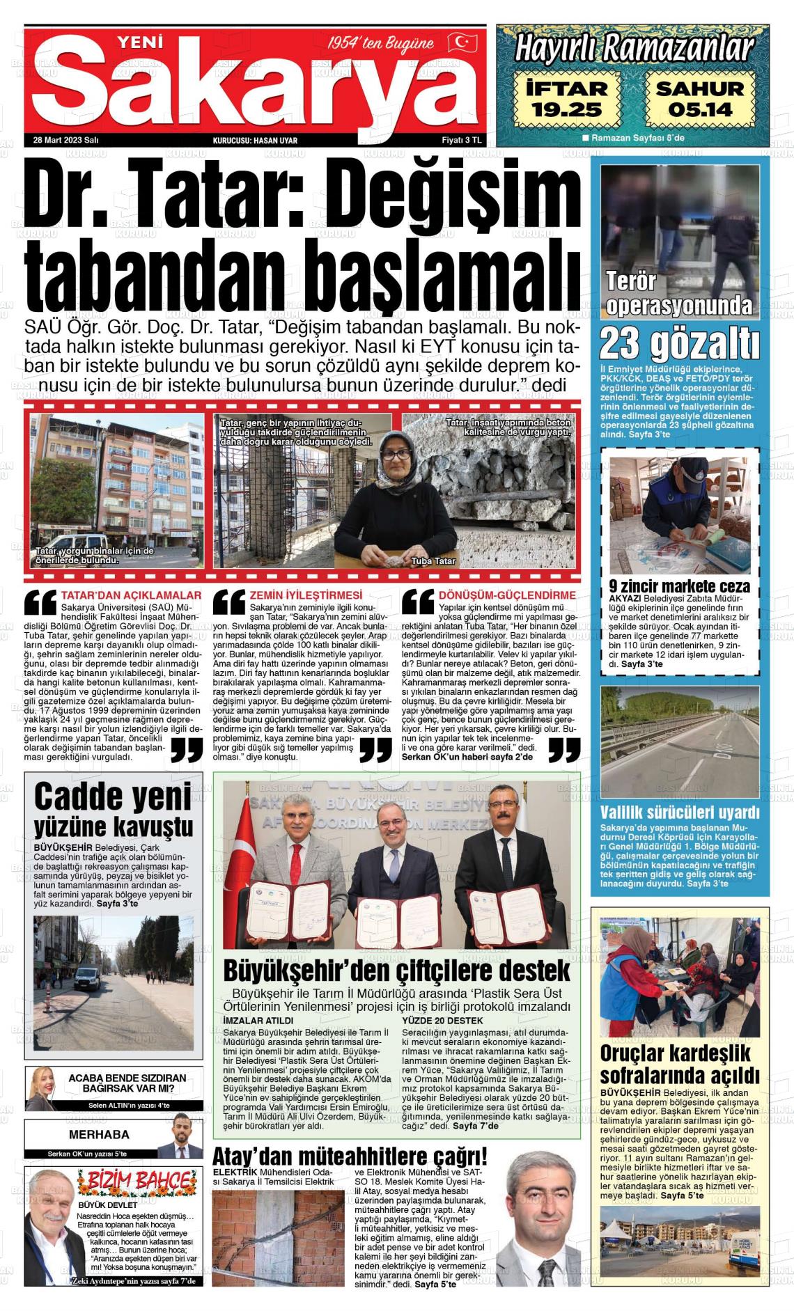 28 Mart 2023 Yeni Sakarya Gazete Manşeti