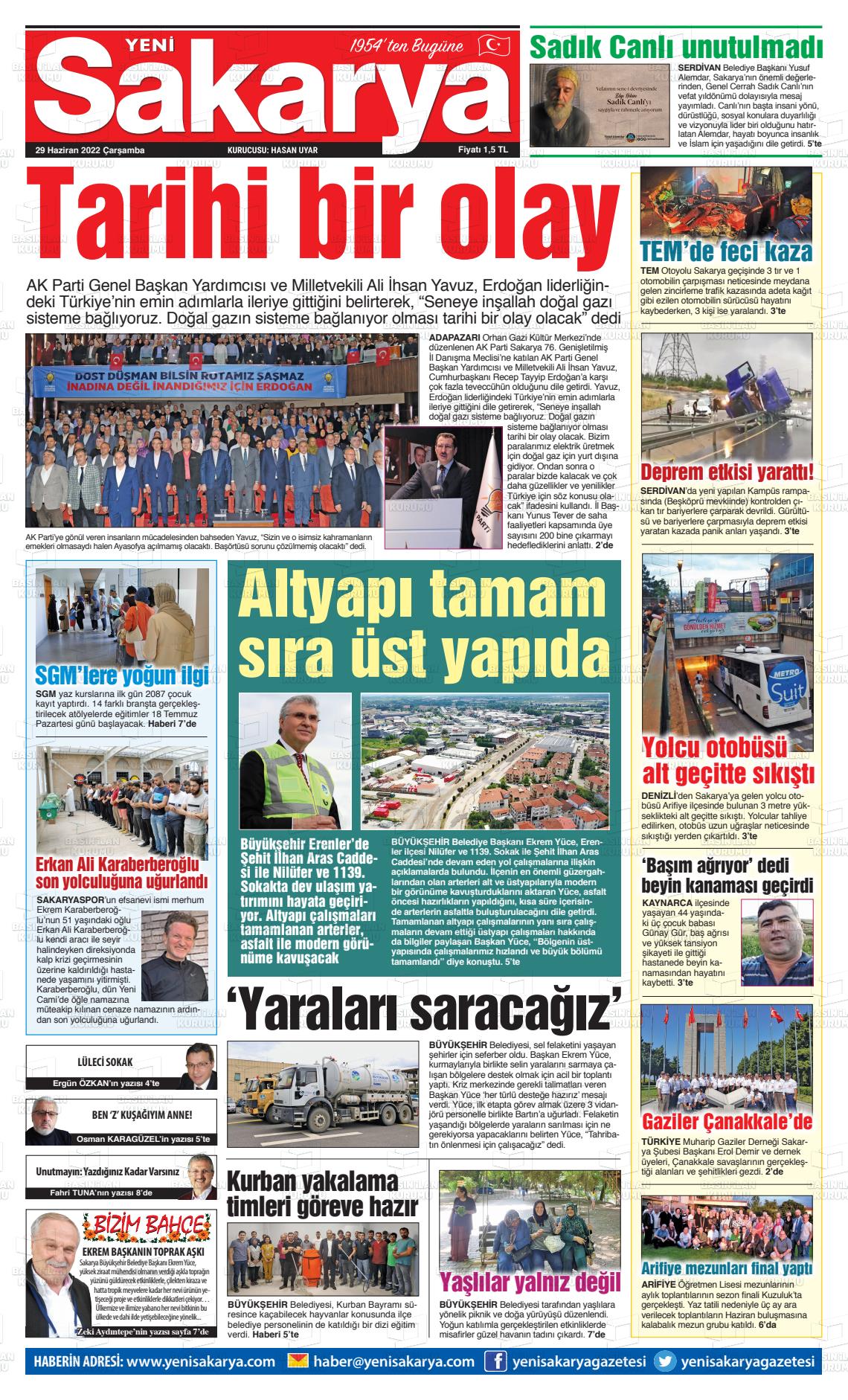 29 Haziran 2022 Yeni Sakarya Gazete Manşeti