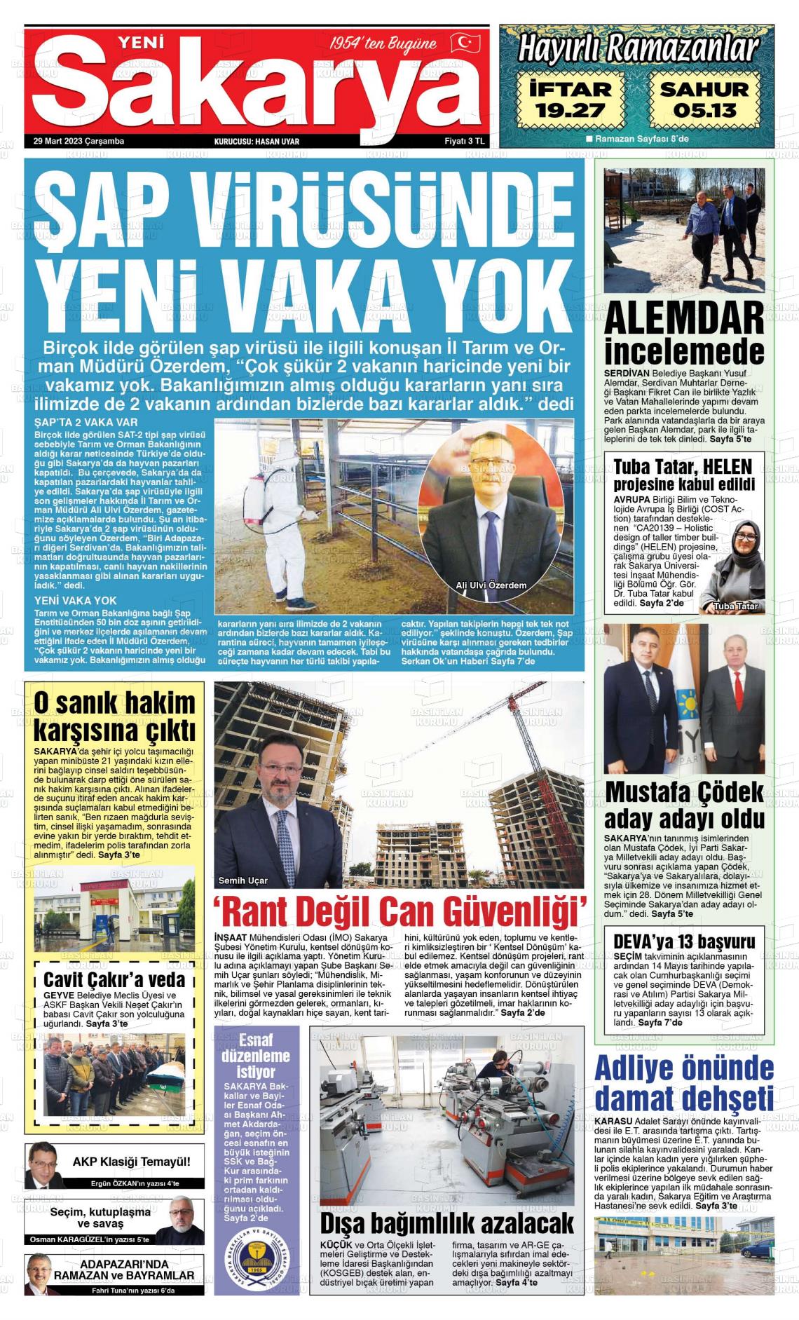 29 Mart 2023 Yeni Sakarya Gazete Manşeti