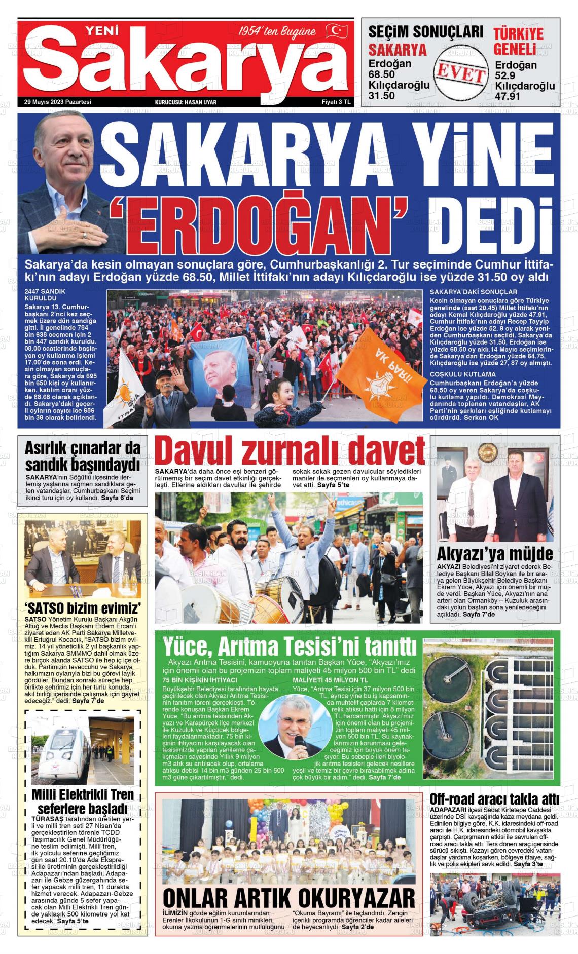 29 Mayıs 2023 Yeni Sakarya Gazete Manşeti