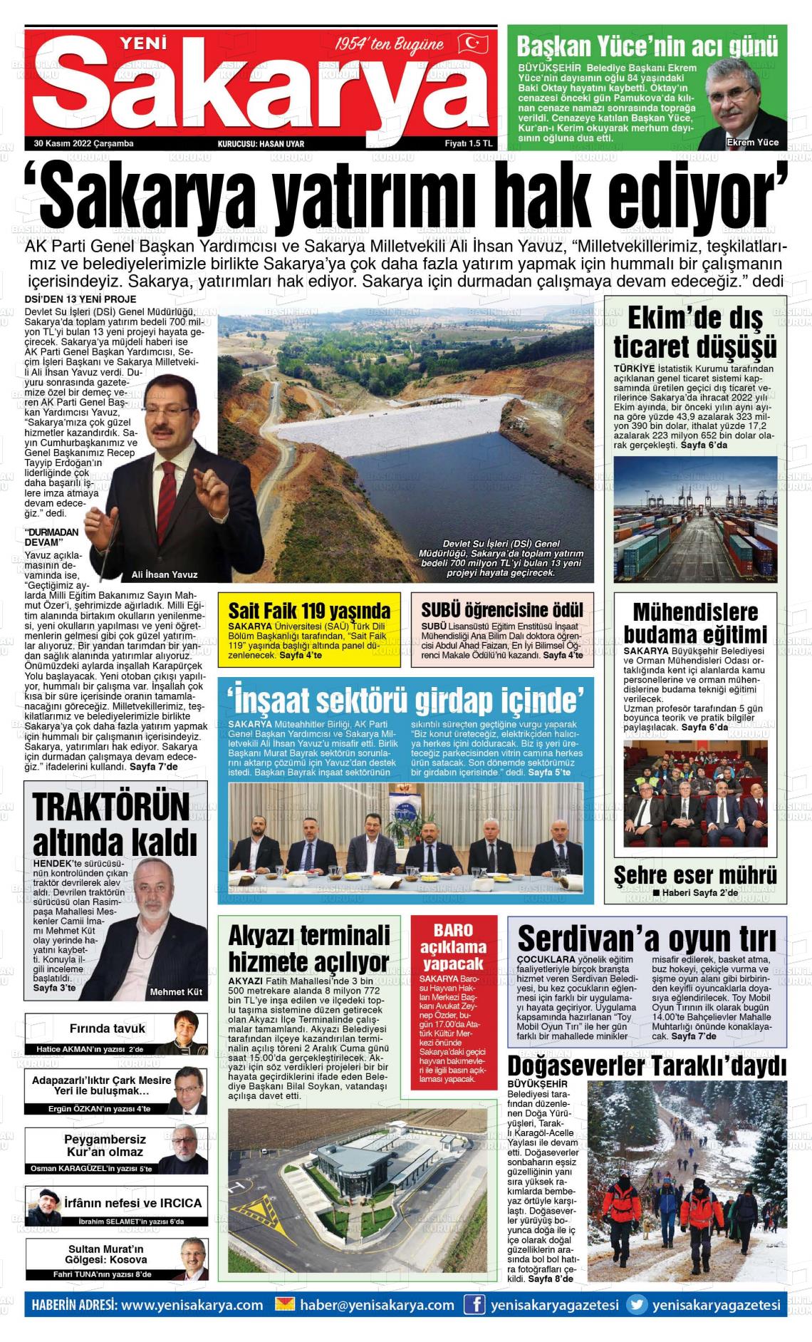 30 Kasım 2022 Yeni Sakarya Gazete Manşeti