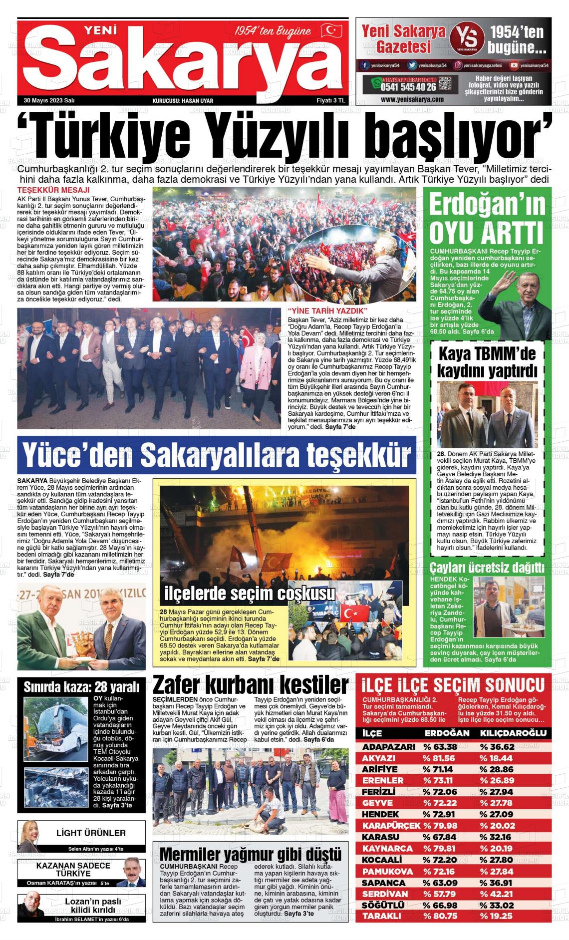 30 Mayıs 2023 Yeni Sakarya Gazete Manşeti
