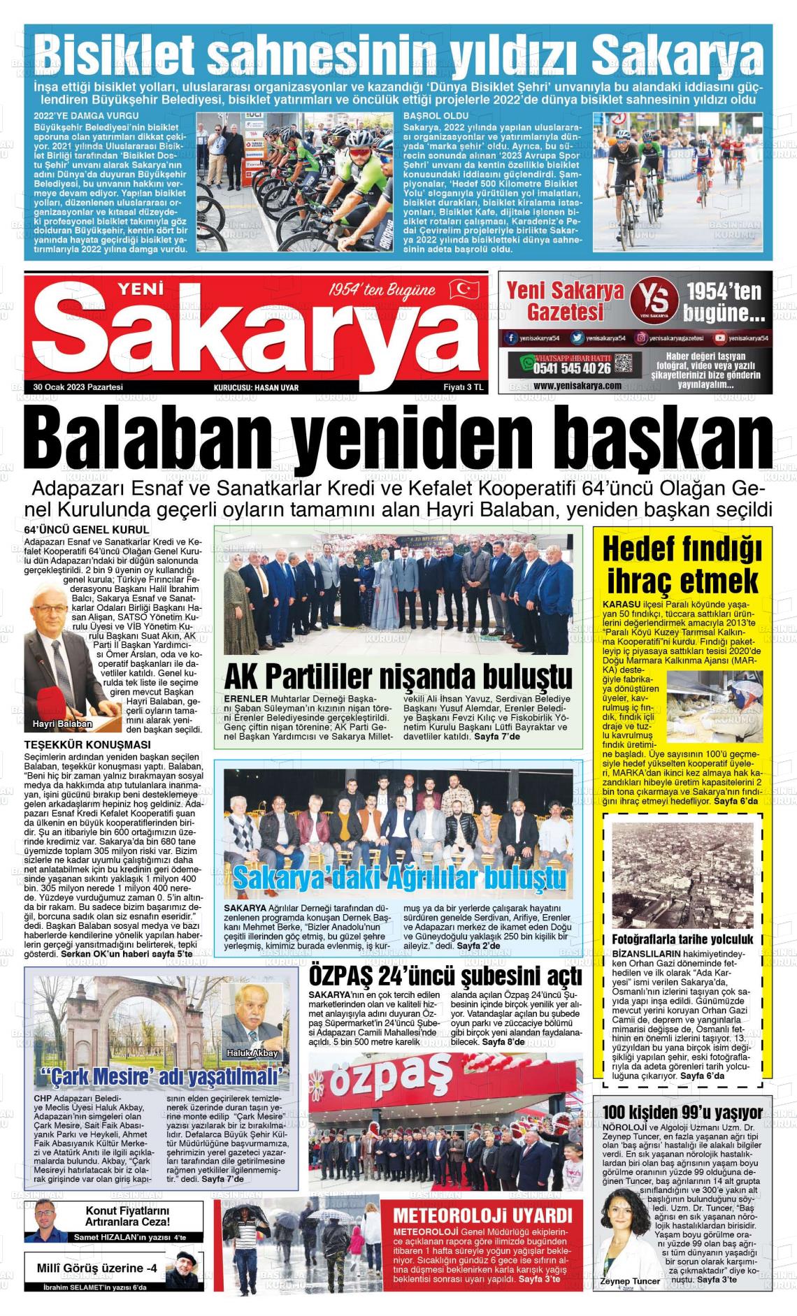30 Ocak 2023 Yeni Sakarya Gazete Manşeti