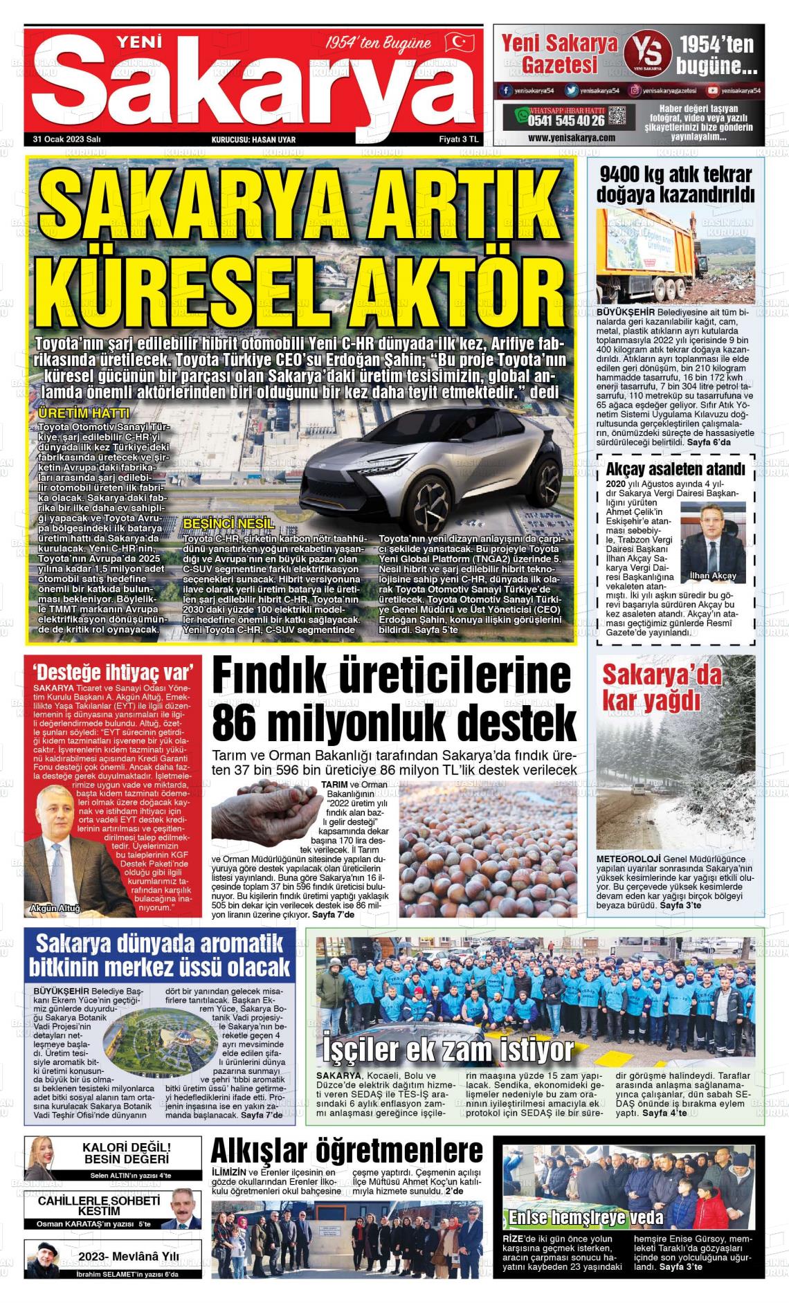 31 Ocak 2023 Yeni Sakarya Gazete Manşeti