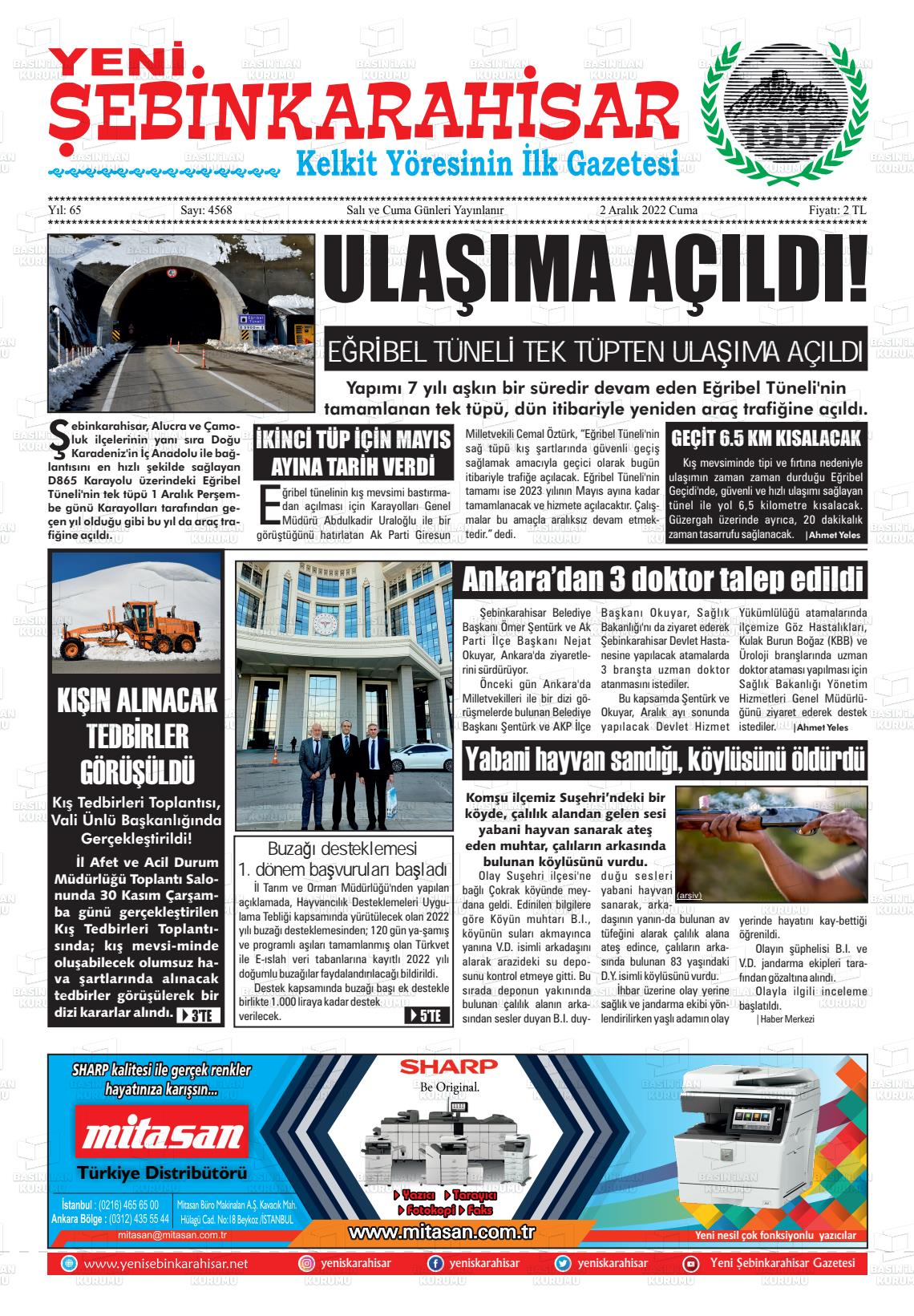 02 Aralık 2022 Yeni Şebinkarahisar Gazete Manşeti