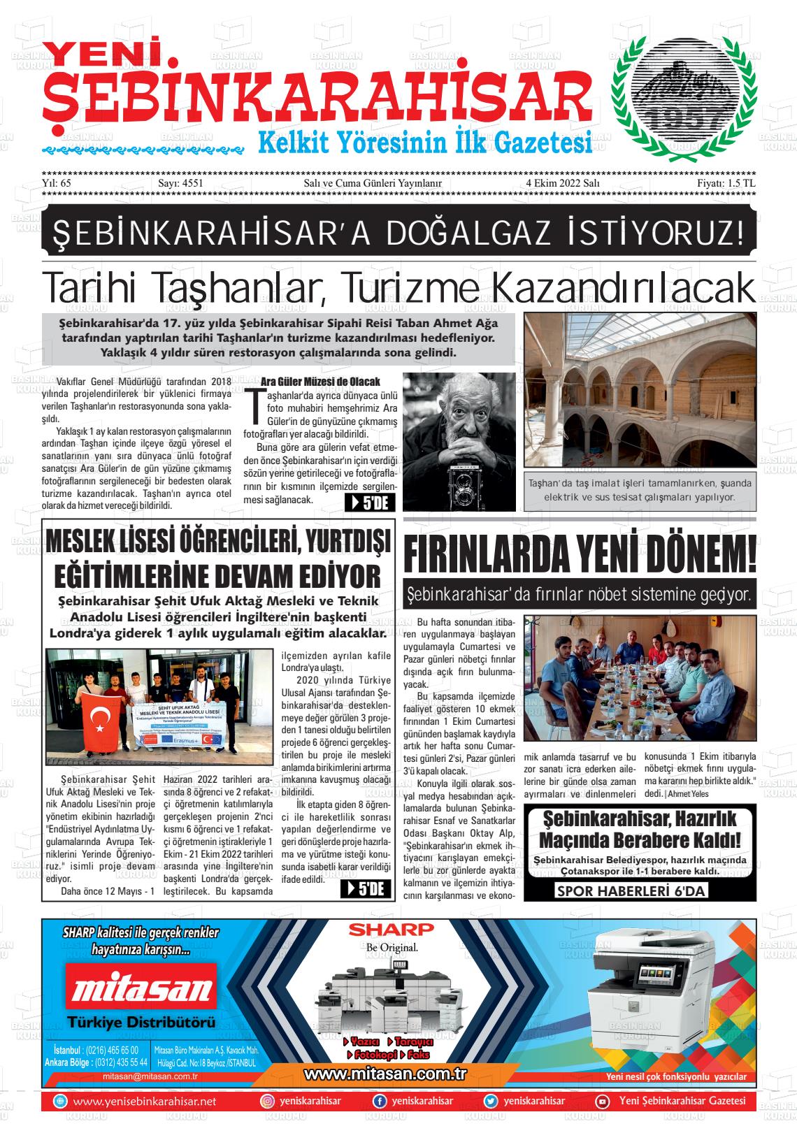 04 Ekim 2022 Yeni Şebinkarahisar Gazete Manşeti