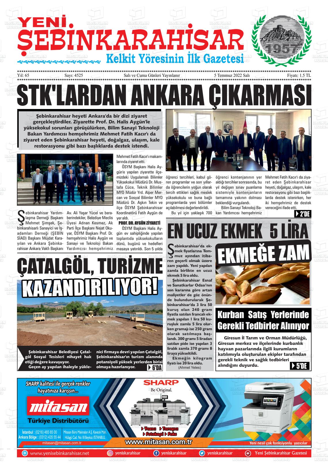 05 Temmuz 2022 Yeni Şebinkarahisar Gazete Manşeti