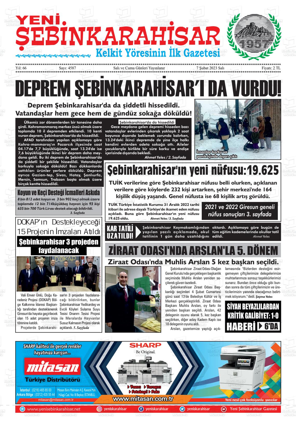 07 Şubat 2023 Yeni Şebinkarahisar Gazete Manşeti
