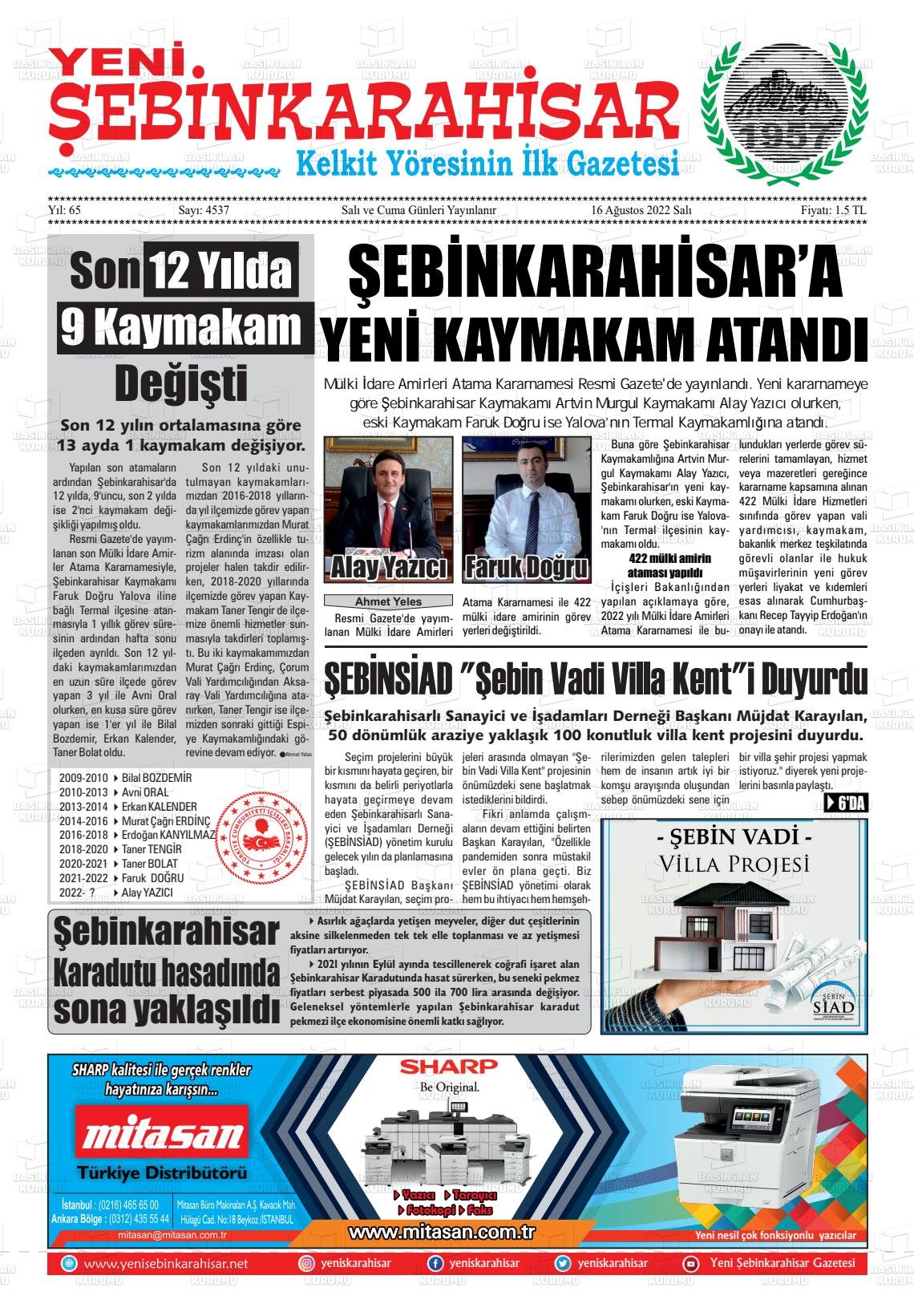 16 Ağustos 2022 Yeni Şebinkarahisar Gazete Manşeti