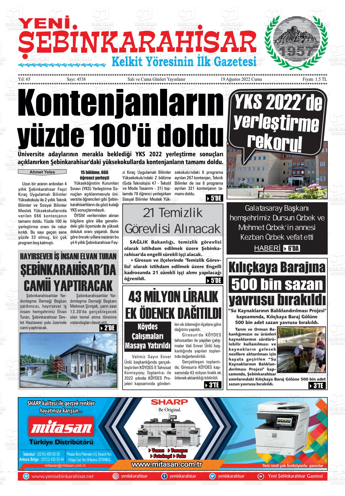 19 Ağustos 2022 Yeni Şebinkarahisar Gazete Manşeti