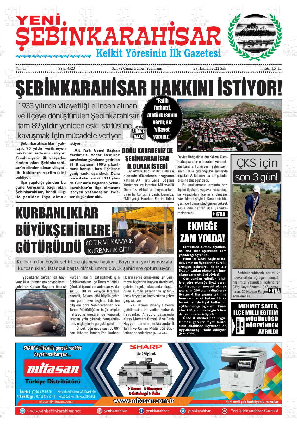 28 Haziran 2022 Yeni Şebinkarahisar Gazete Manşeti