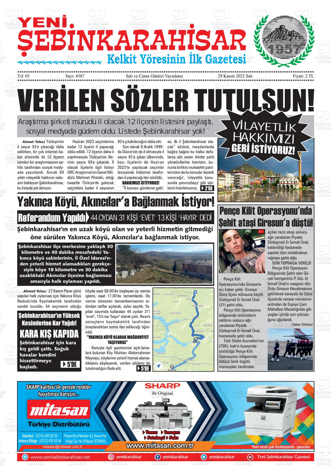 29 Kasım 2022 Yeni Şebinkarahisar Gazete Manşeti