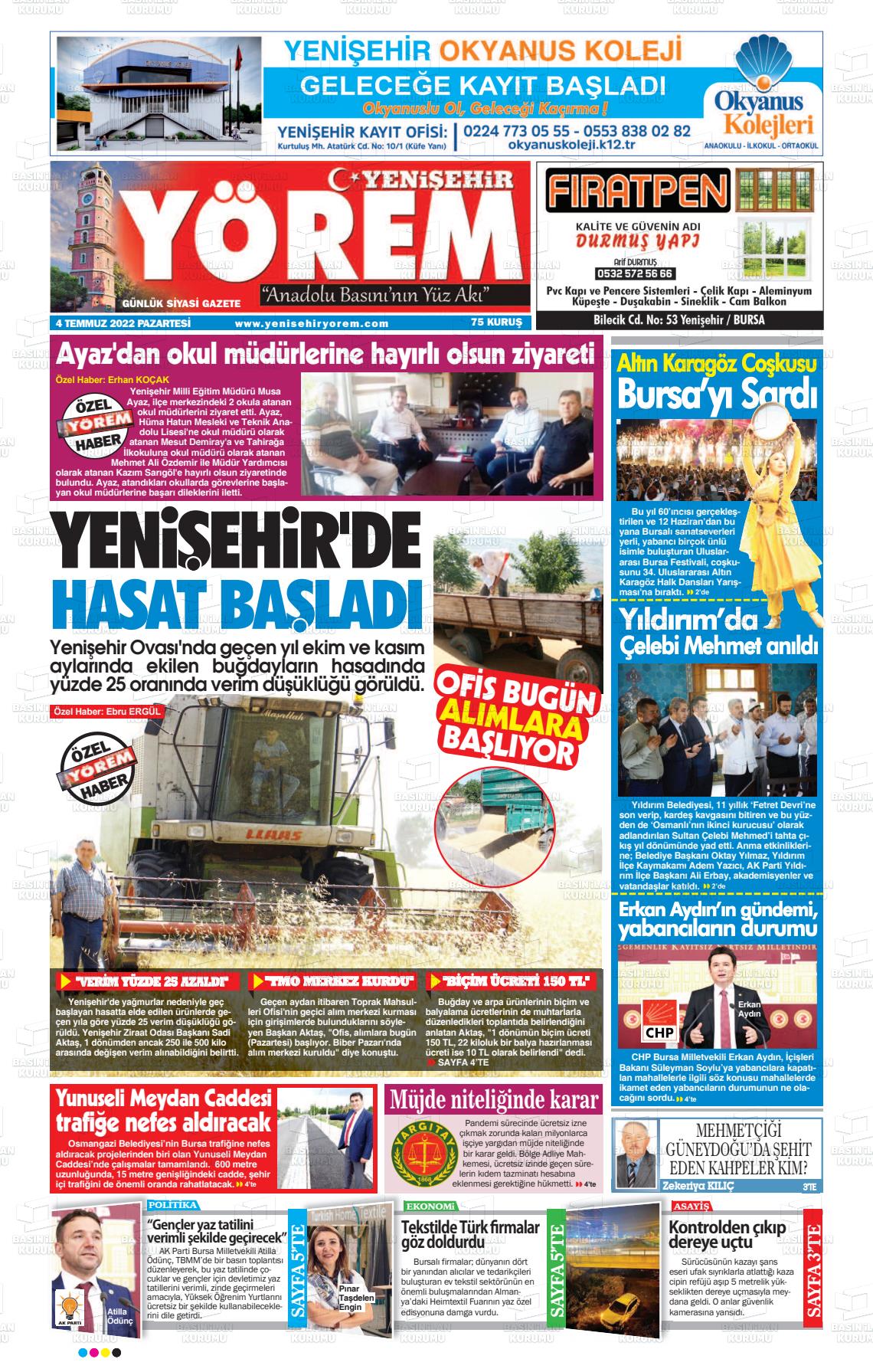04 Temmuz 2022 Yenişehir Yörem Gazete Manşeti