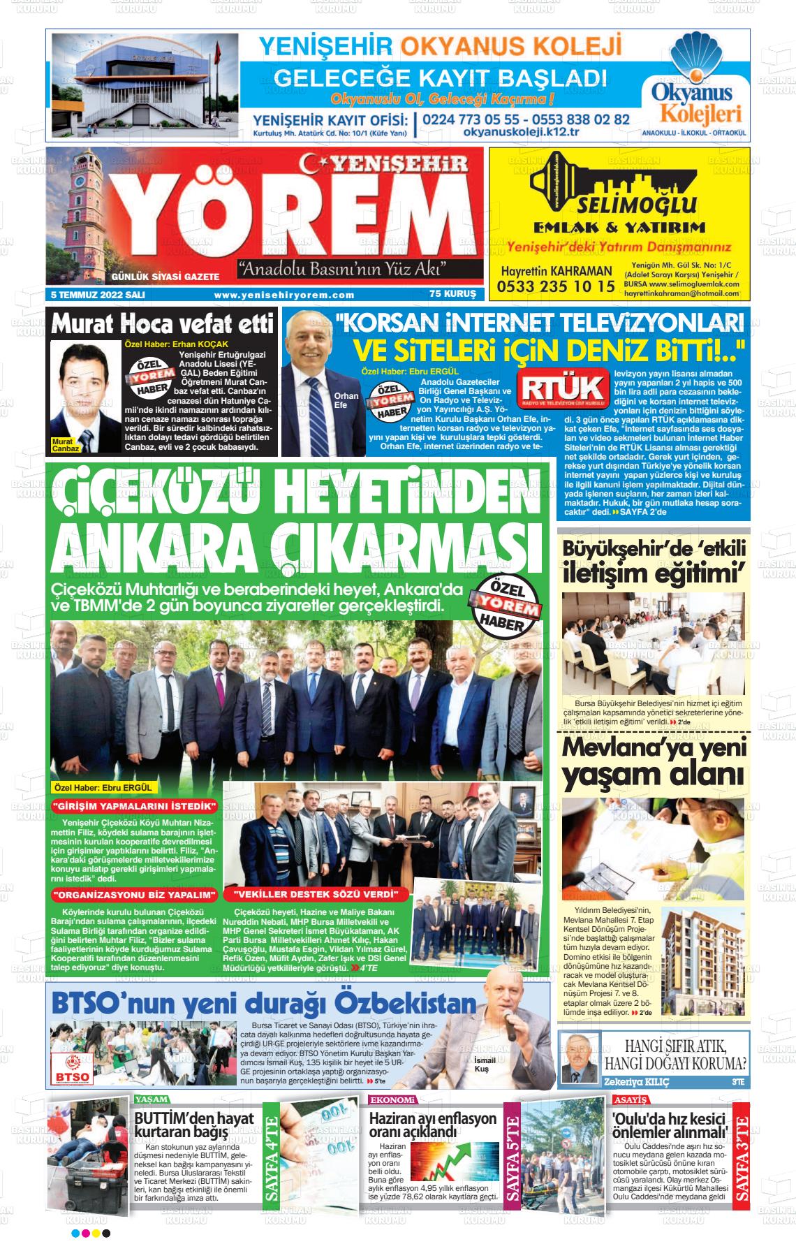 05 Temmuz 2022 Yenişehir Yörem Gazete Manşeti