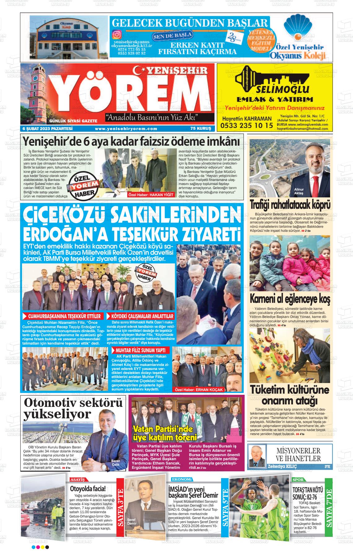 06 Şubat 2023 Yenişehir Yörem Gazete Manşeti